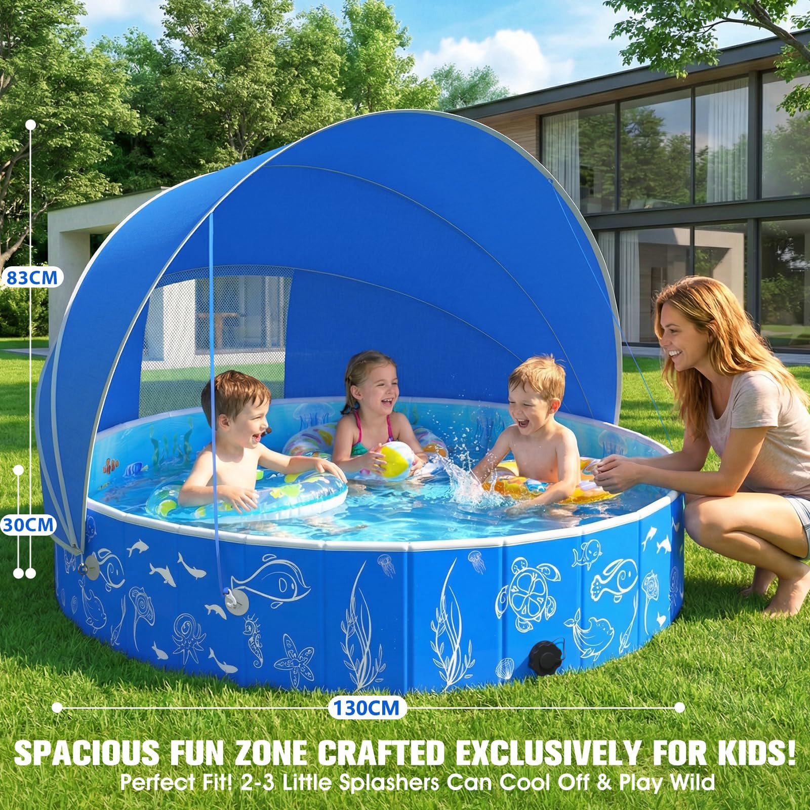 Luxfero Piscina para Niños con Toldo Solar 130 x 130 x 30 cm Desmontable Plegable