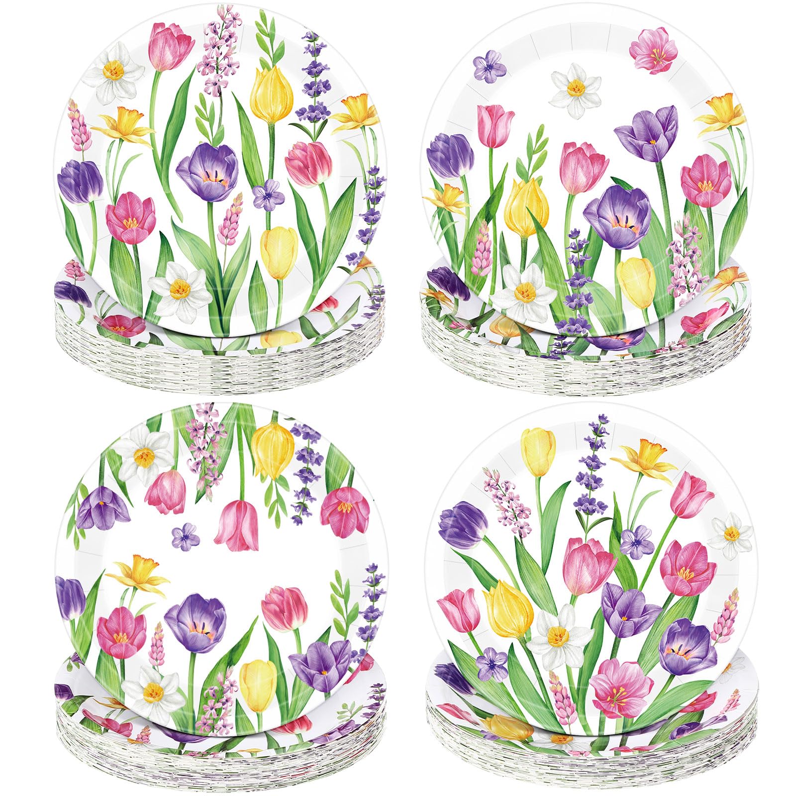 Zopeal 60 piatti di carta floreali a tulipano, 22,9 cm, decorazioni per baby shower, matrimoni, piatti da cena floreali usa e getta, per compleanni, tè, feste, doccia