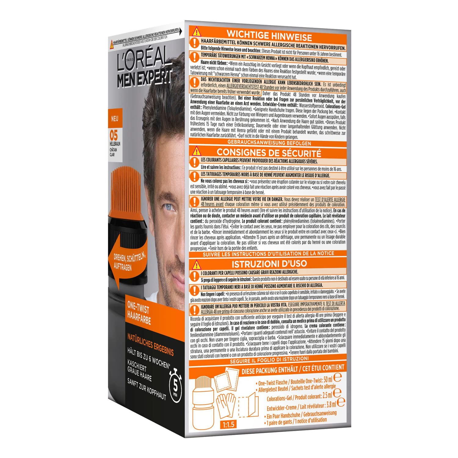L'Oréal Paris 3 x Men Expert One Twist Haarfarbe Hellbraun 05 für Männer 0% Ammoniak; Anzahl Der Teile: 1, 180.0 milliliter, 0.36 kilograms
