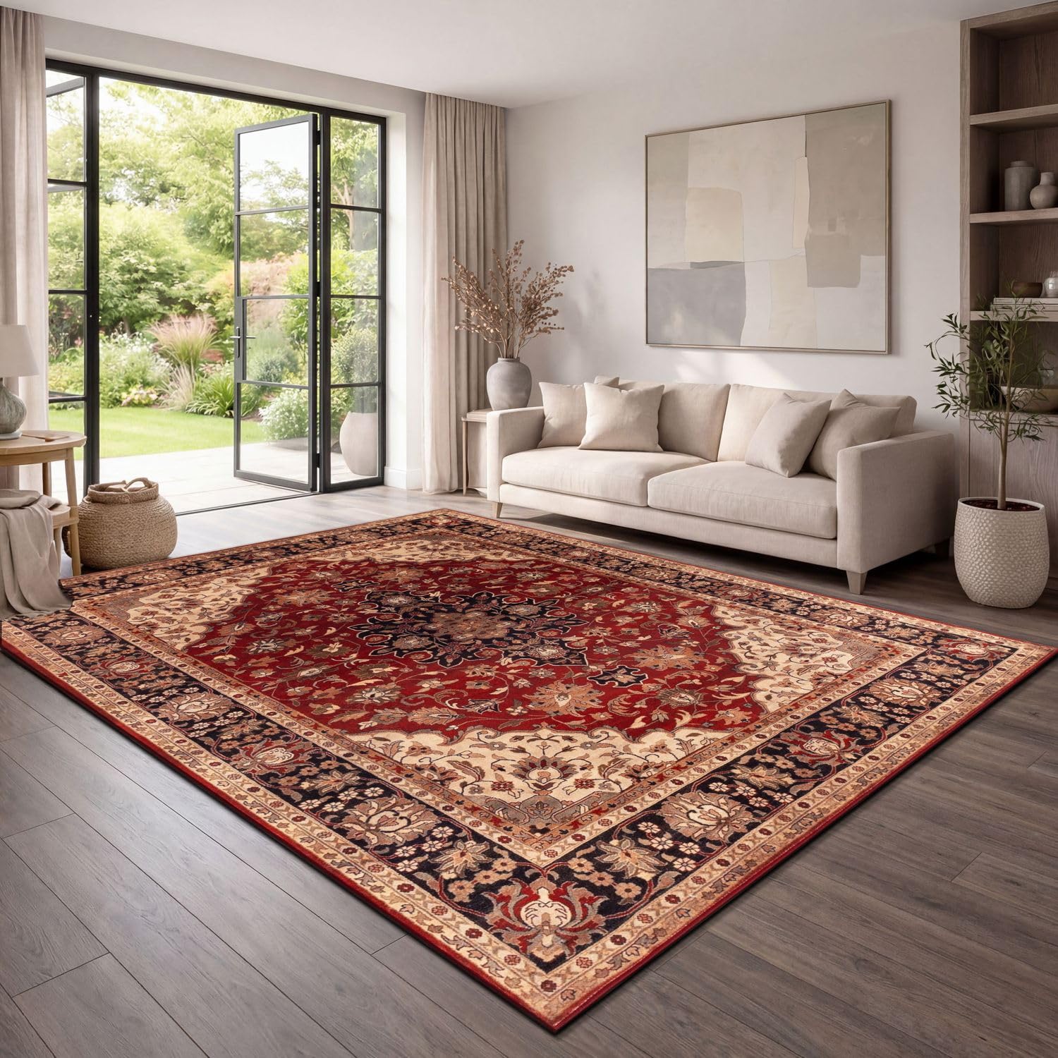 TT Home Vintage Teppich Wohnzimmer klassischer Kurzflor, rutschfest & robust, weicher Flor, pflegeleicht, orientalisch Retro, Esszimmer Waschbar, Farbe:Rot-Beige, Größe:160x220 cm