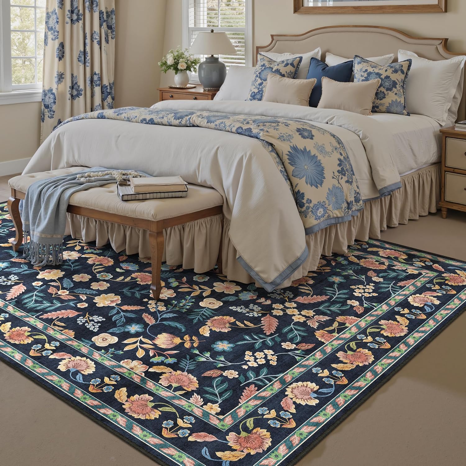Dywan w stylu retro, kwiatowy, 130 x 150 cm, antypoślizgowy, zmywalny, z krótkim włosiem, do salonu, sypialni, biura i kuchni, stylowy niebiesko-żółty i różowy wzór