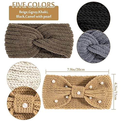 Miniatura 2 de Whaline 5 diademas de punto de invierno gruesas, 4 turbantes elásticos y 1 banda de pelo de ganchillo perla, calentador de orejas para mujeres y