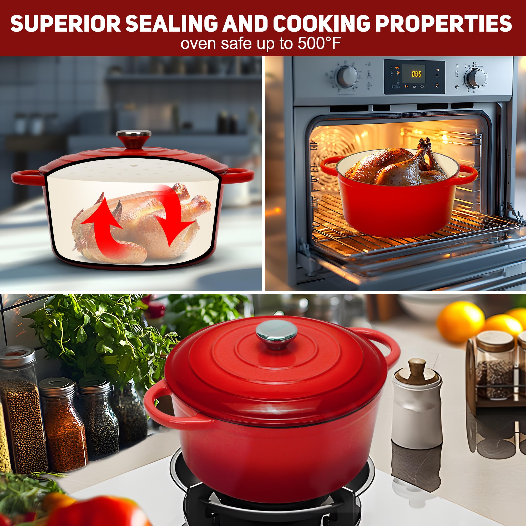Gusseisen Topf 4L Ø 24cm - Emaillierter Schmortopf mit Deckel, Gusseisen Bräter für Brot backen & Braten, Induktion Dutch Oven, Brotbacktopf Kasserolle Cocotte Rot