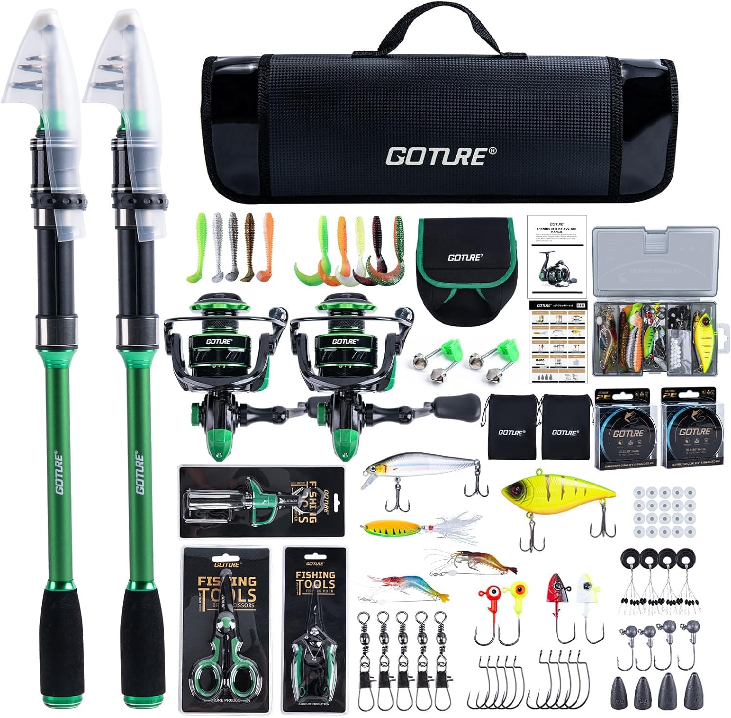 Goture 24T Angelset mit 2 Teleskop-Angelruten,1,8m/2,1m/2,4m/2,7m I Angelrute Set Komplett 2 5.2:1 Spinnrolle, Angelwerkzeug-Set, Köderbox & Tragetasche – für Salz-/Süßwasser, Reisen–Angelgeschenk