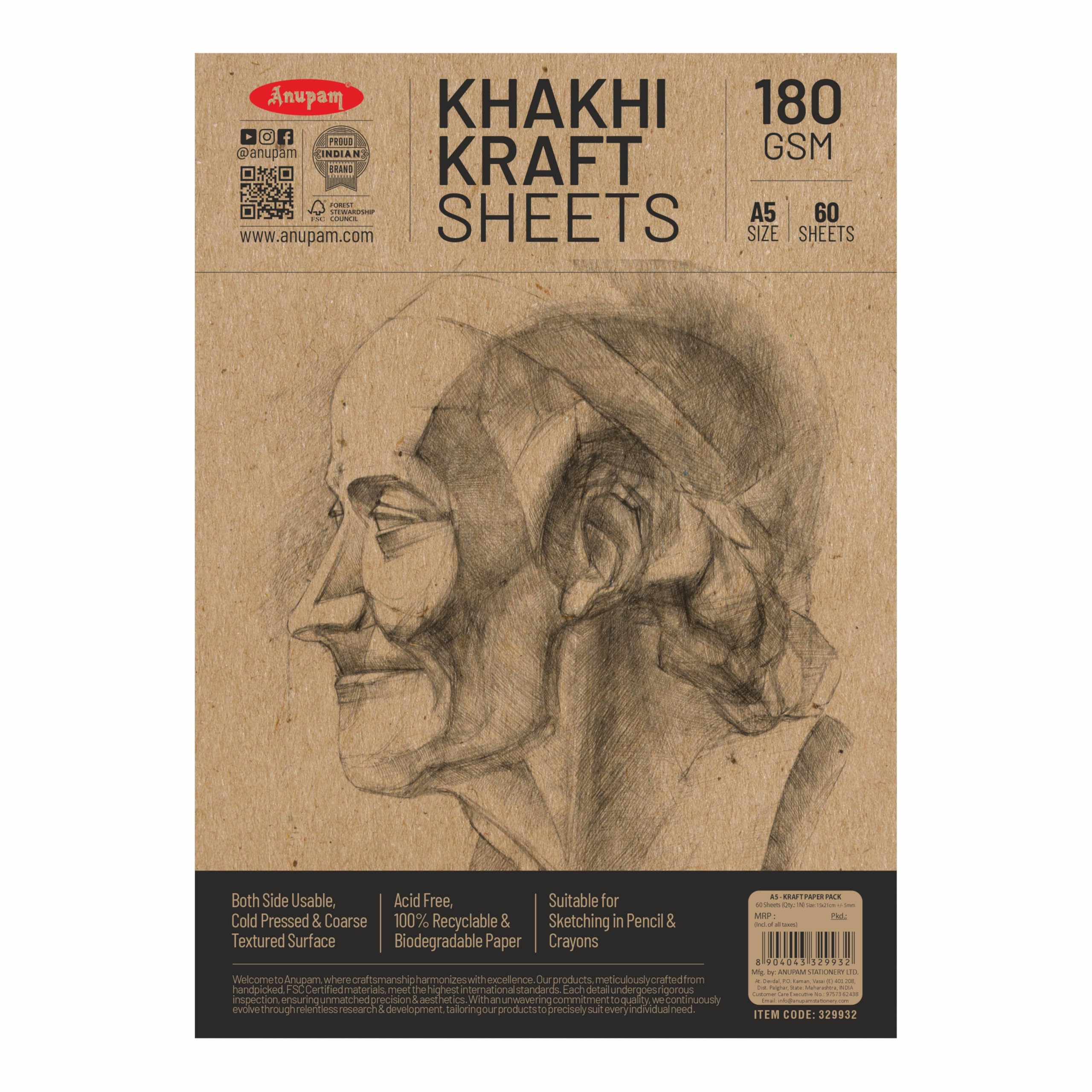 Anupam A5 Kraft Paper | Brown Colour Loose Sheets | 100% Recyclable Acid Free Sheet | 180 GSM | 60 Sheet / 120 Pages | Ideal for Pencil Drawing Doodling Sketching-picture-24