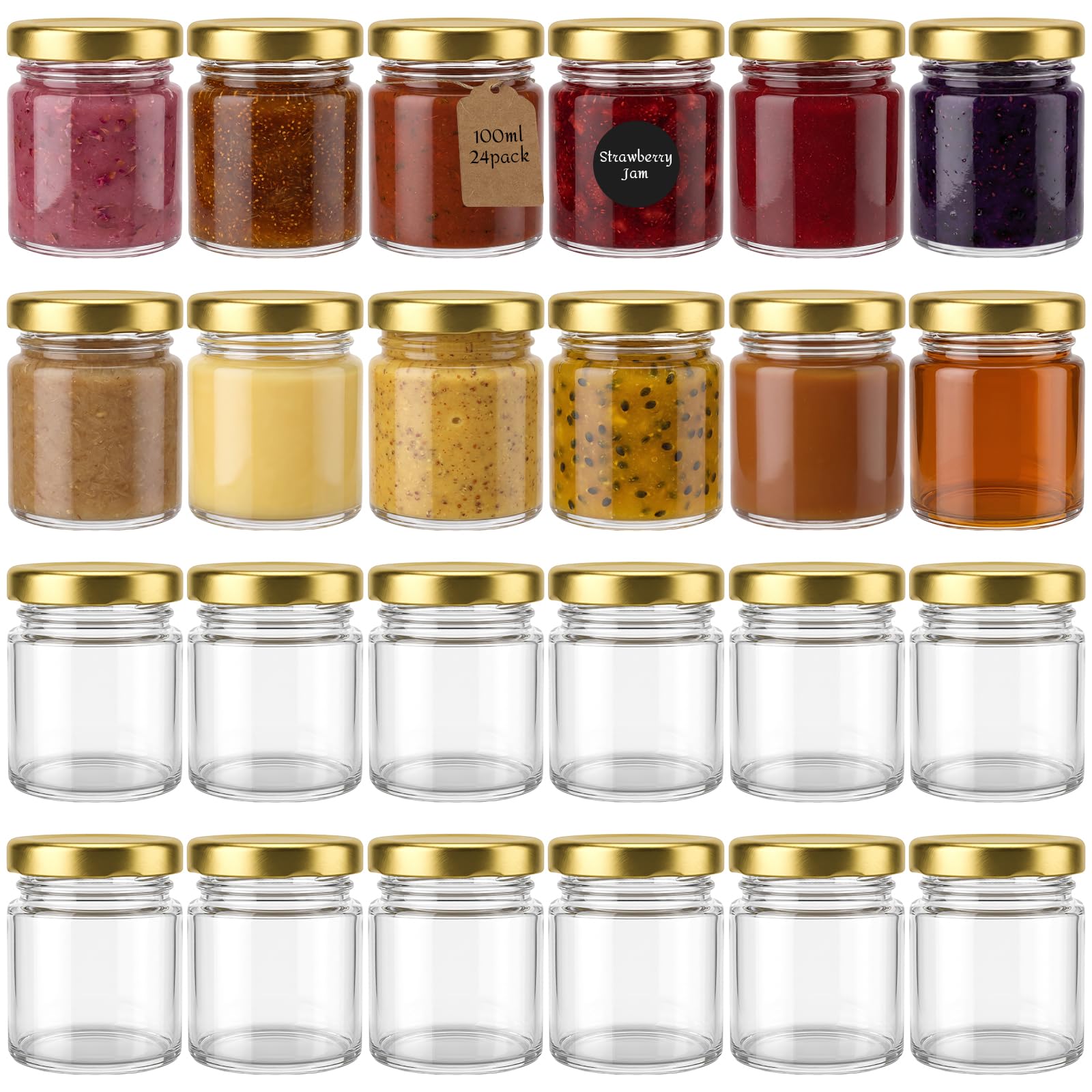 Lot de 24 bocaux à confiture ronds de 100 ml avec couvercle doré