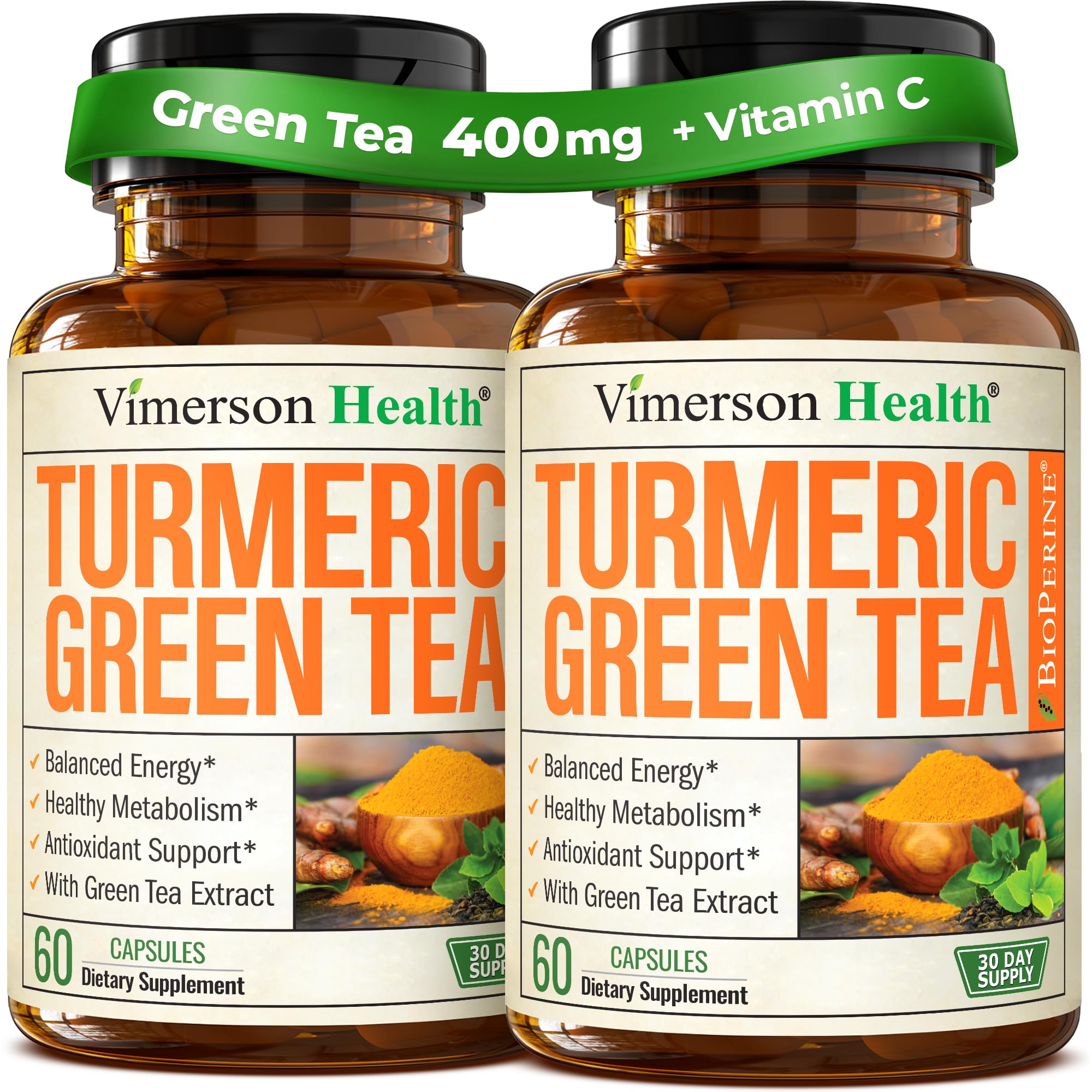 Turmeric Curcumin Supplement with Green Tea Extract & Bioperine 2- Pack 60 Count (Pack of 2)