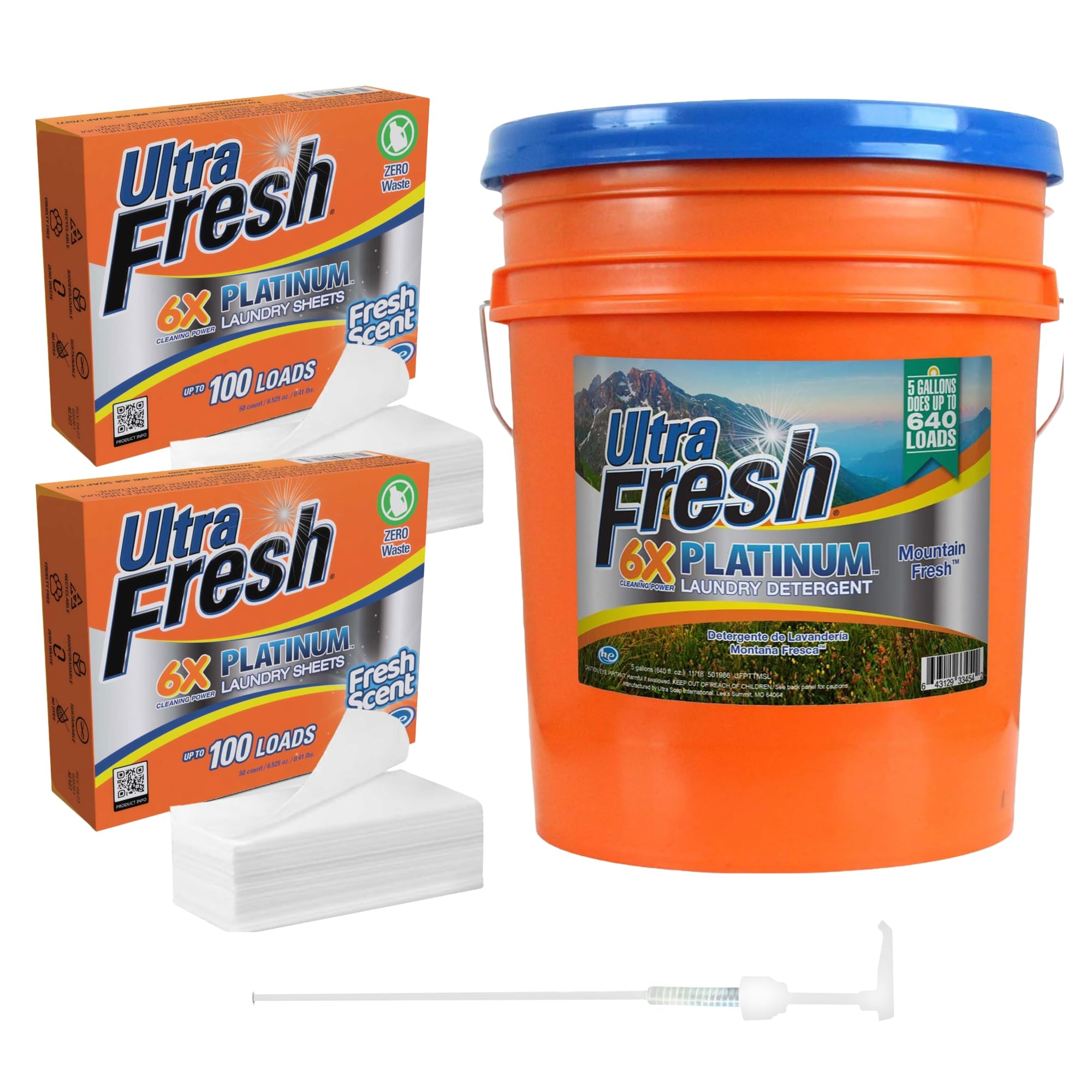 Ultra Fresh 6X Platinum 5 Gal Laundry Detergent, Mountain Fresh Bundled with 2 Pack Platinum 6X Laundry Detergent Sheets with Fresh Scent