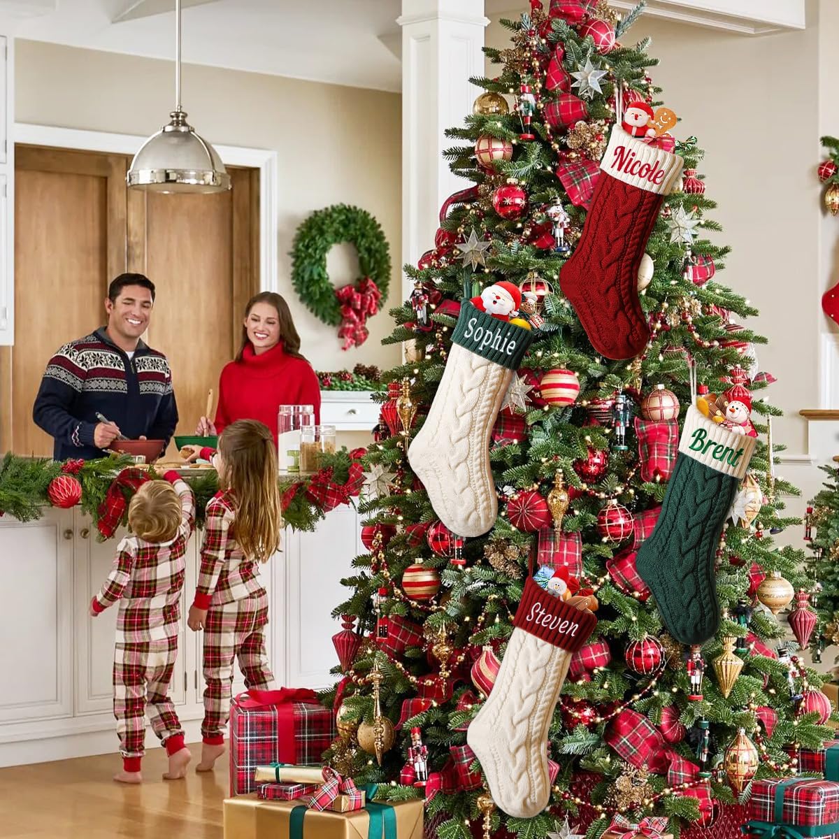 Personalized Christmas Stockings, 18" Large Custom Knit Christmas Stockings with Embroidery Name, Color-Contrast Twisted Stocking for Xmas Holiday Decoration(4 Pcs)