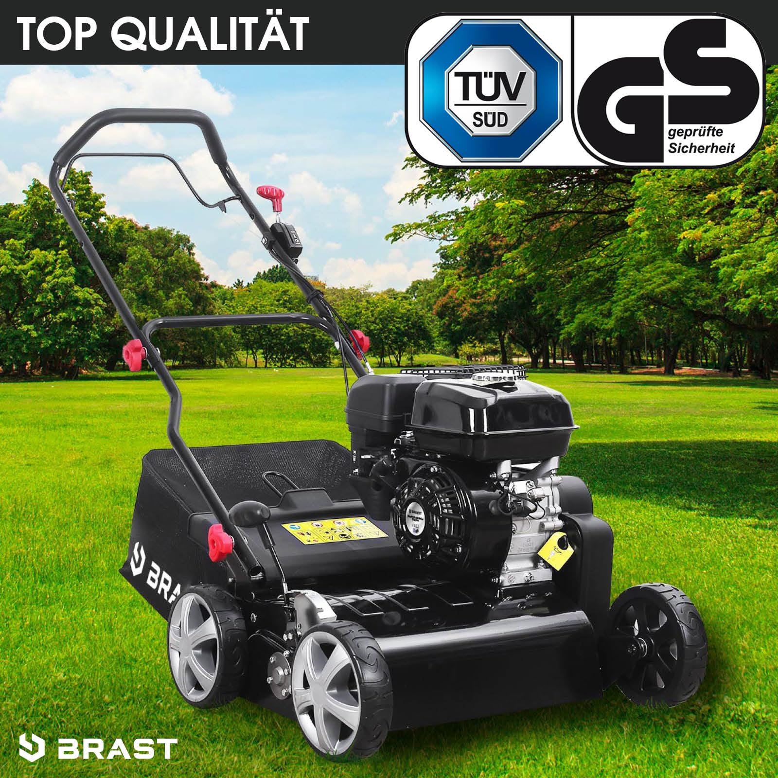 BRAST scarificateur thermique 212cc 6,12 ch Motor 4 temps, largeur de travail 42 cm - 4 MODÈLES puissances différentes - bac de ramassage 50 l, carter en metal, émousser gazon