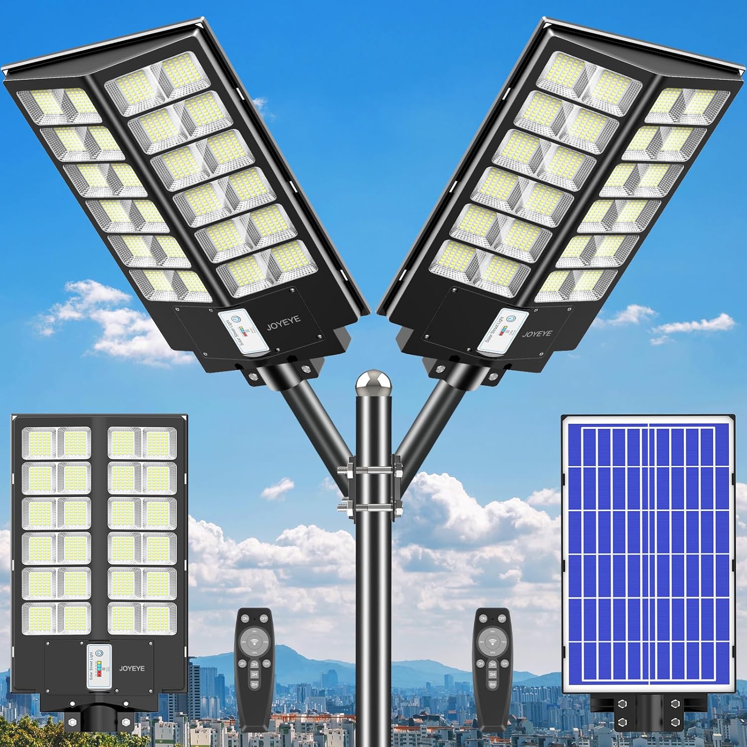 Solar Street Light 9000W, Street Light Outdoor High Lumens, Parking Lot Lights 7000K, Solar Lights Outdoor Motion Sensor Dusk to Dawn for Parking Lot, 2 Pack
