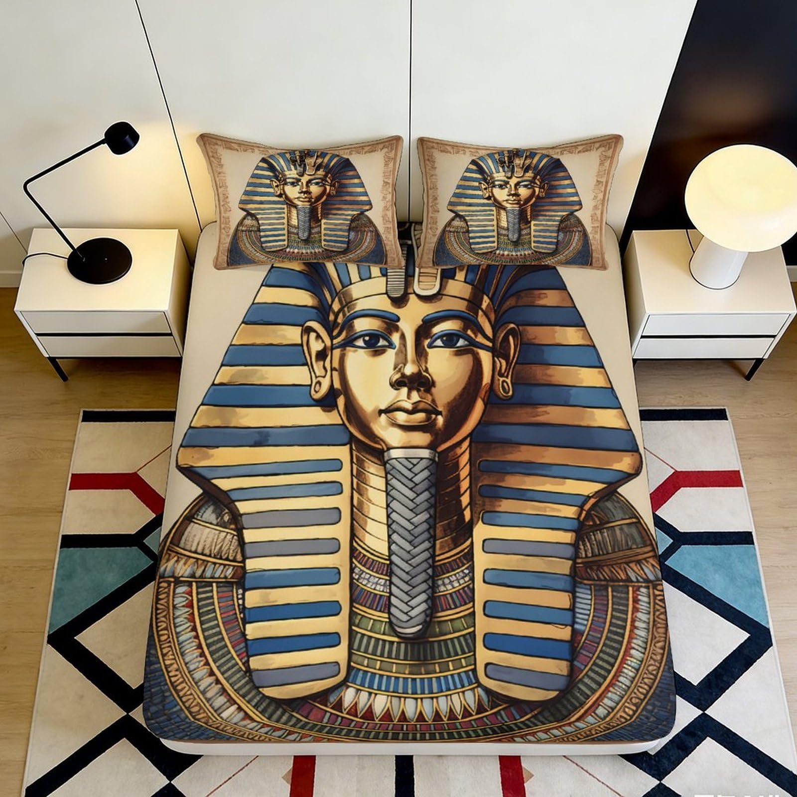 3D Printed Egyptian Pharaoh Fitted Sheet Microfiber Soft Decorative Ancient Mask Bed Cover Bedroom Dorm Decor 90x200x25cm