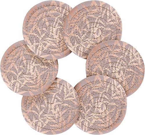 Miniatura 2 de innewgogo Pink Gold Branches 6 Pcs Absorbent Drink Coasters for Tabletop Protection Handmade Round Woven Coaster with Holder & Heat Water Resistant