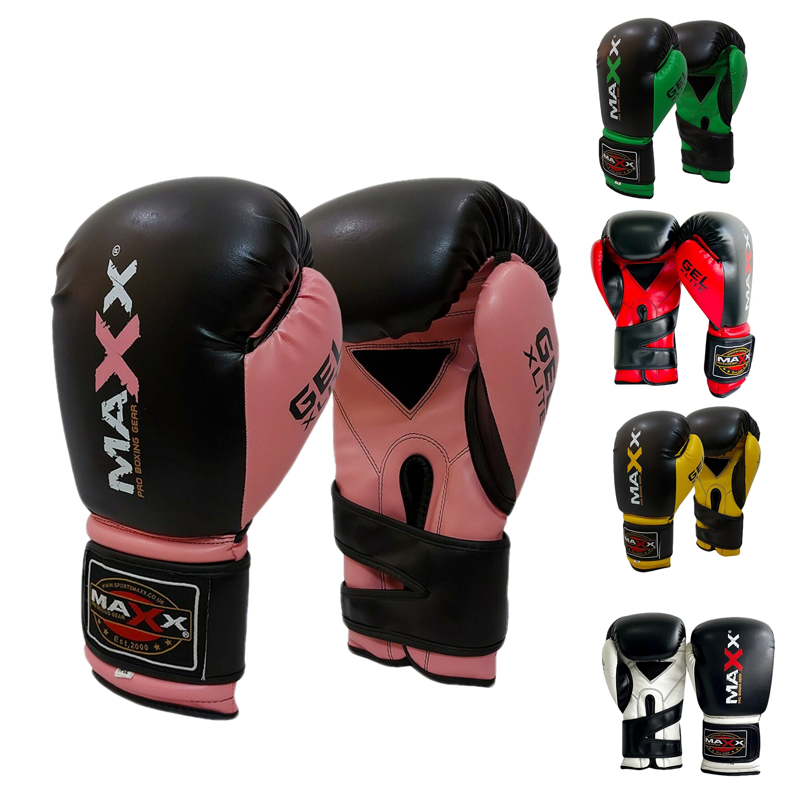Boxing Gloves Punch Bag Training MMA Muay Thai KickBoxing Fight Sparring Tri (8 OZ, Black/Pink)