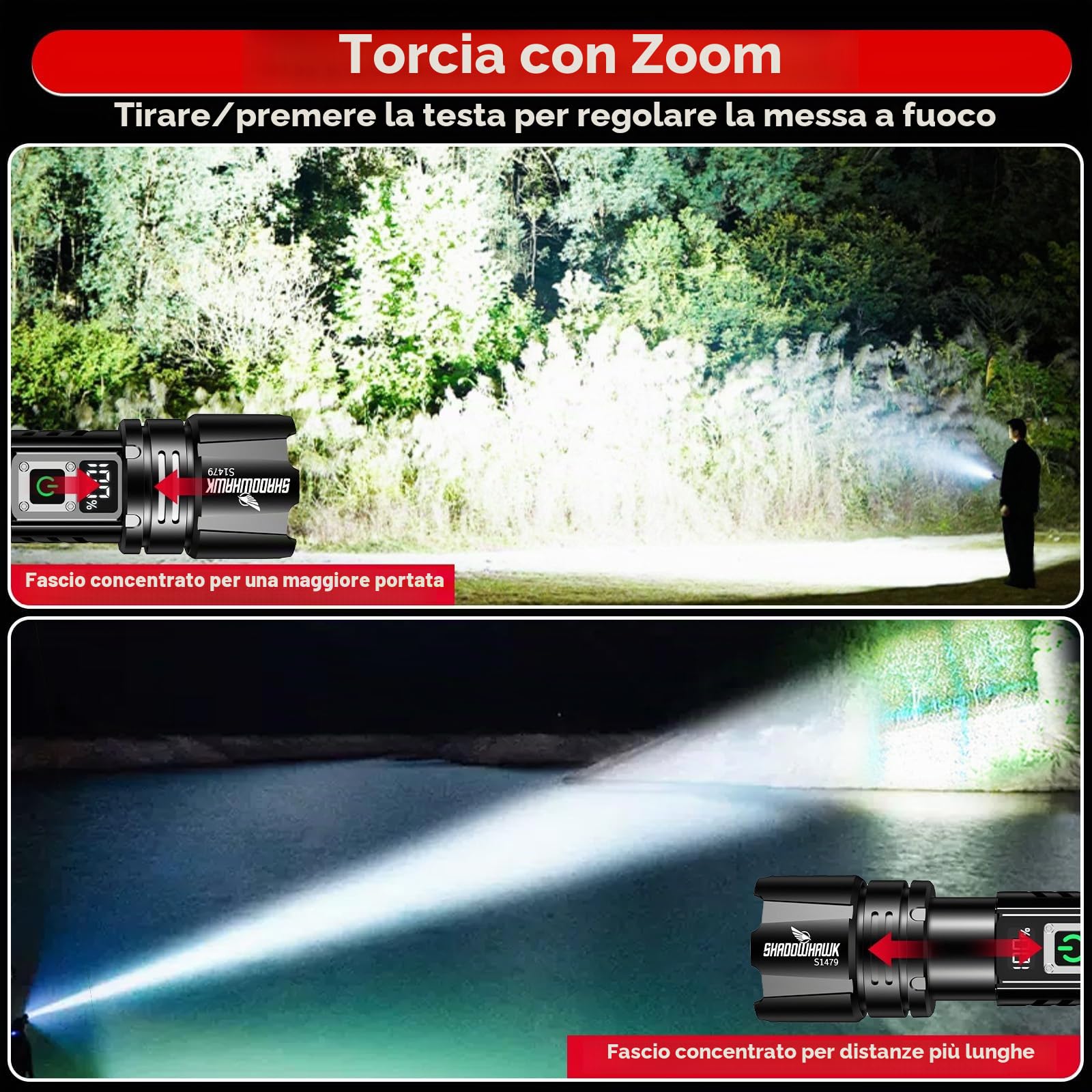 Shadowhawk Torce ad alta potenza 24H Illuminazione | Militare 100000 lumen 30 W Torcia LED Potente Rechargeable(2 batterie 5000 mAh), tattica per campeggio/emergenze/escursionismo, schermo LCD e IP67