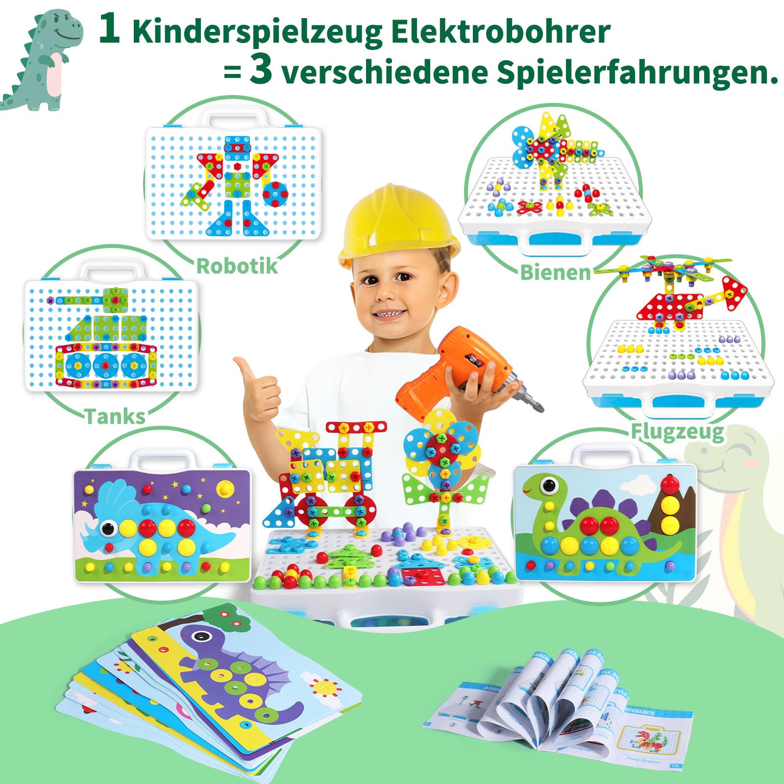 Spielzeug ab 3 Jahre Mosaik Steckspiel mit Elektrische Bohrmaschine Schrauben Steckspiel Kinder Werkzeug Montessori Spielzeug Puzzle ab 3 Jahre Akkuschrauber Geschenke 3 4 Jahre Junge 224 Stück