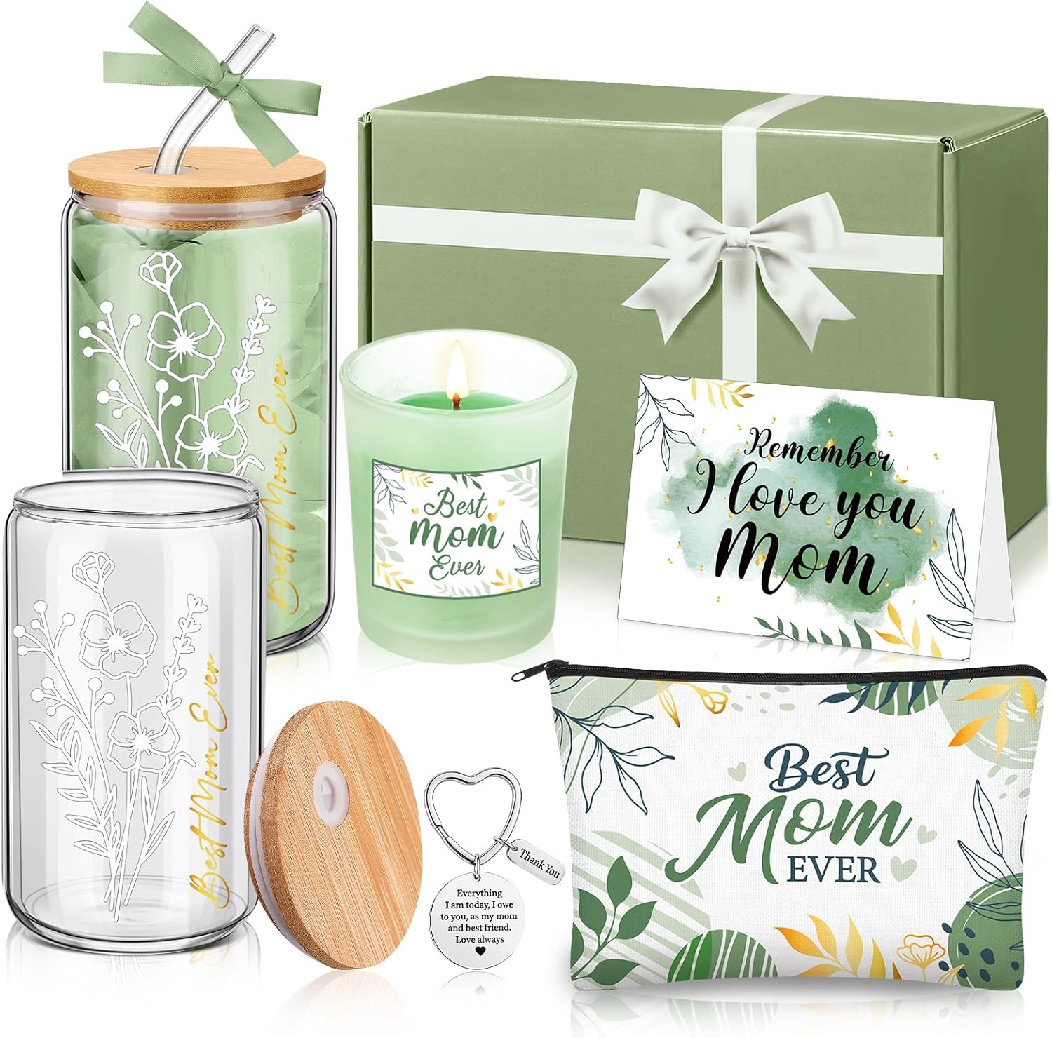Bokon 6 Pcs Mothers Day Mom Gifts Set Best Mom Ever Gifts Box with 16oz Glass Cup Scented Candle Makeup Bag from Daughter Son for Wife Mother Birthday Party(Green)