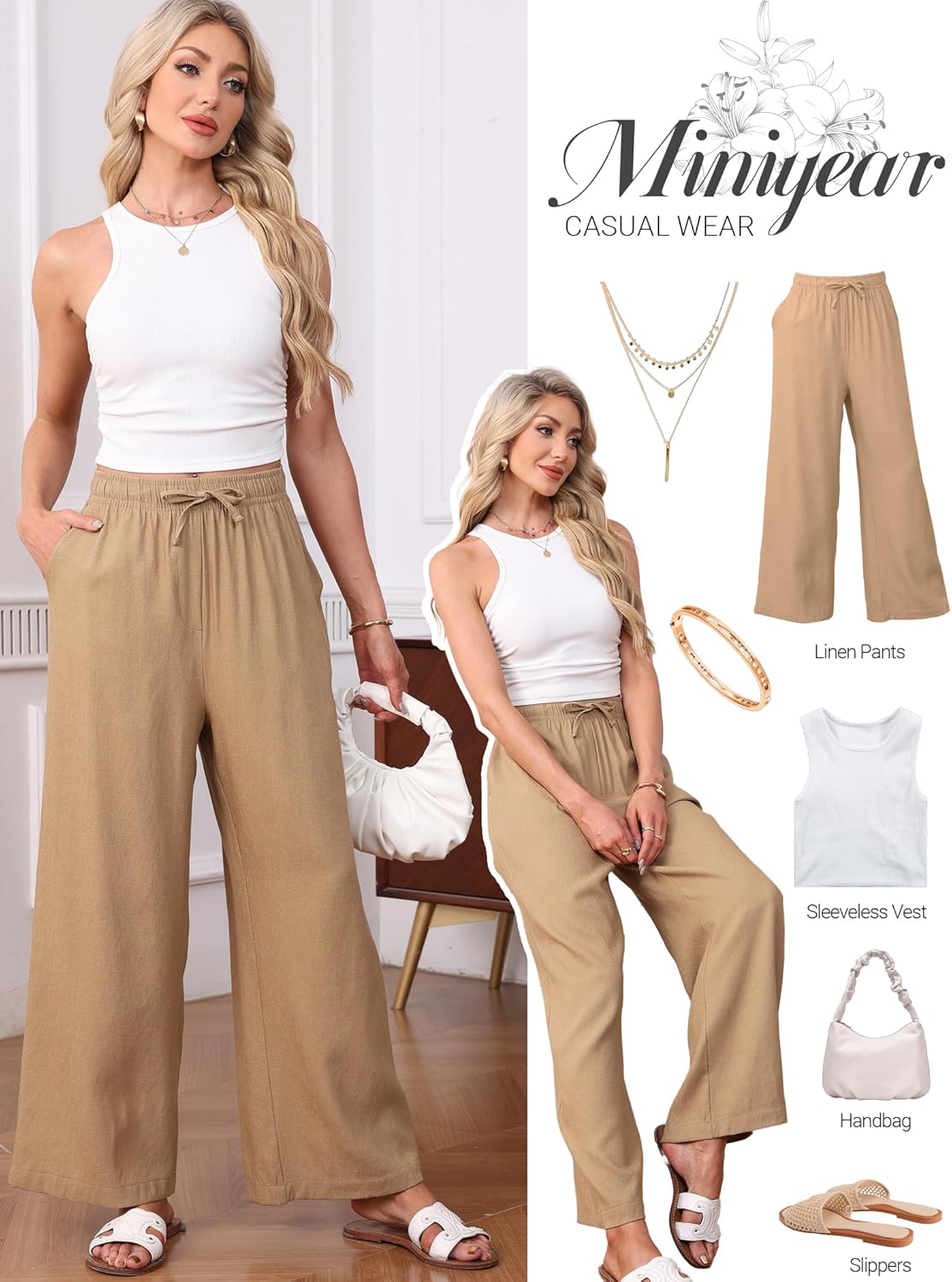 Women's Linen Fall Palazzo Pants Drawstring Elastic Waist Wide Leg Lightweight Beach Casual Trousers with Pockets - Image 5