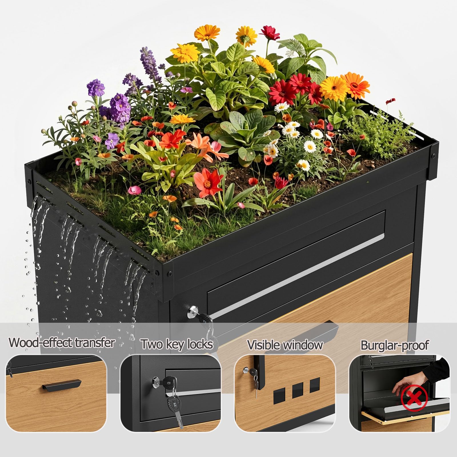 Buzon para Paquetes Exterior Grande, 3 Niveles Buzón de Correo de Acero Galvanizado Código con Soporte Desmontable para Macetas,2 Llaves,Antirrobo,Resistente a la Intemperie para Hogar,Oficina,Porche