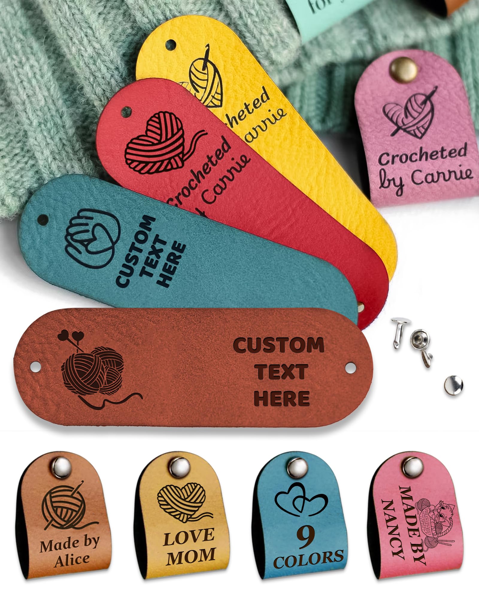 12PCS Handmade with Love Labels - Custom Name Tags for Clothes, Leather Tags for Knits Projects and Handmade Items - Personalised with Rivet (B2.5 * 0.8)