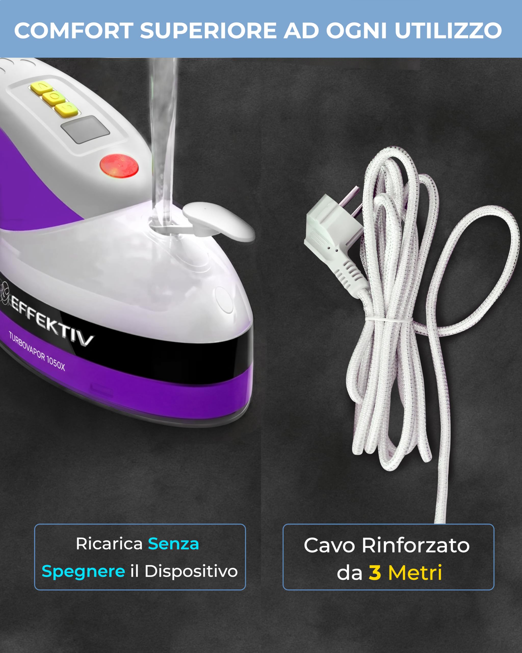 Ferro da Stiro Verticale a Vapore EFFEKTIV, 1800W, 3 in 1 Premium, Piastra in Ceramica, Spazzola a Vapore, Serbatoio 250 ml, Vapore Continuo 750 mg/s, Display LED, Autospegnimento, Cavo 3 m