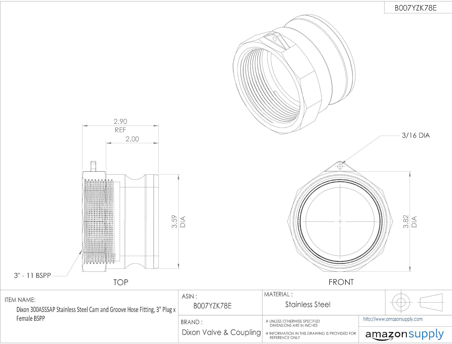 Dixon 300ASSSAP Stainless Steel Cam and Groove Hose Fitting, 3" Plug x Female BSPP