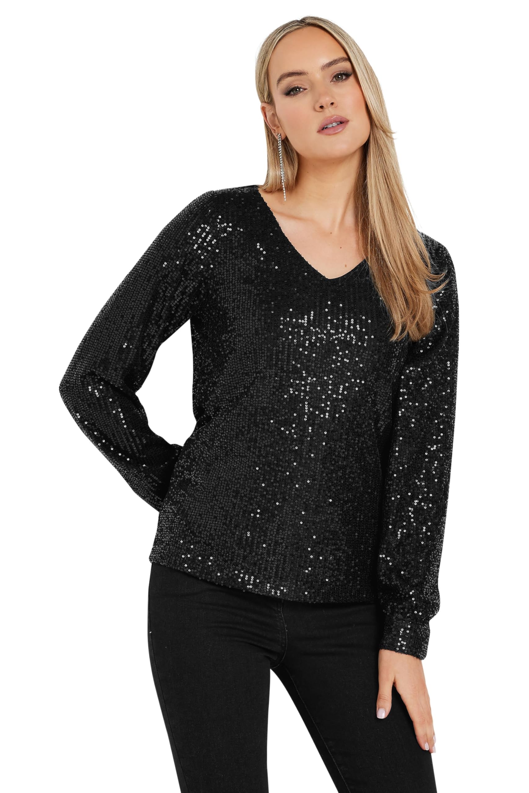 Long Tall Sally Women's Black Tall Sequin Top In | Size: 12