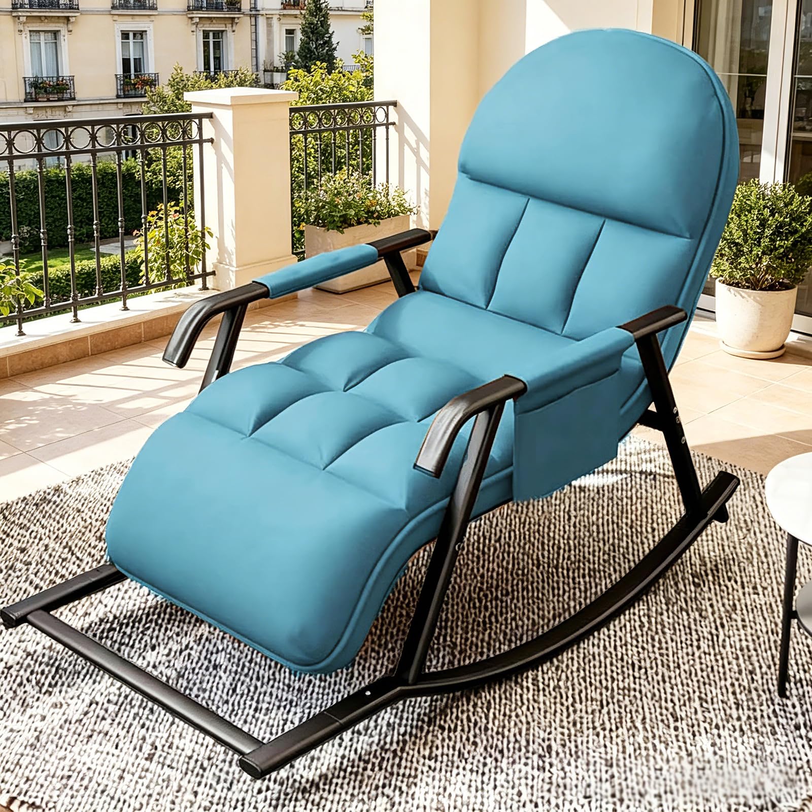 schaukelstuhl mit fußstütze, Schaukelstuhl Wohnzimmer, Schaukelstuhl Outdoor, Verstellbare Schaukellehne und Fußstütze, Gepolsterter Schaukelsessel für Wohnzimmer, Balkon (Blau)