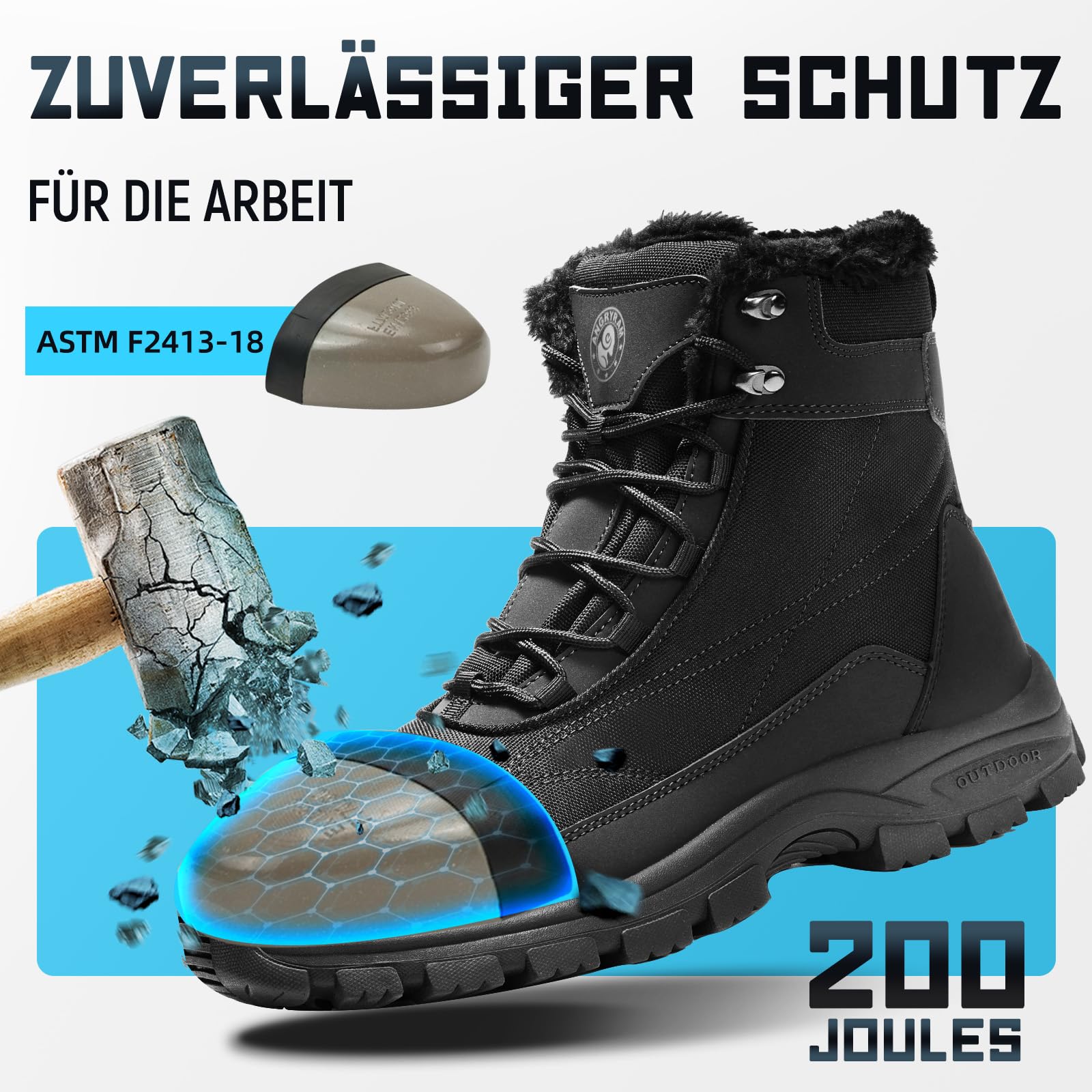 ANGRYRAM Winter Sicherheitsstiefel Herren Wasserdicht Warmen Gefüttert Stahlkappe Schneestiefel rutschfeste Hohe Winterschuhe Herren