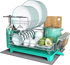 MAJALiS Dish Drying Rack and Drainboard Set, 2 Tier Stainless Steel Large Dish Strainer with Drainage, Utensil Holder and Extra Drying Mat, Dish Strainers for Kitchen Counter (Turquoise)