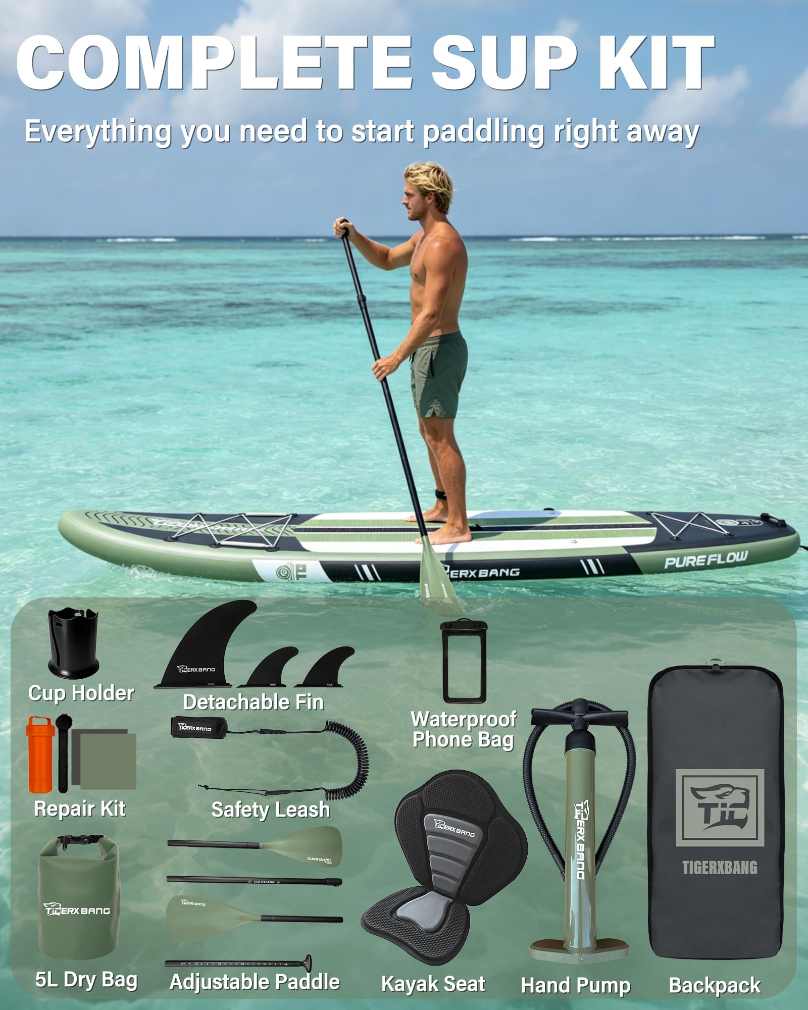 TIGERXBANG Aufblasbares Paddle Board mit Sitz, 335 x 86 x 15 cm Stand Up Paddling Board für Erwachsene/Kinder, Komplettes ISUP-Surf-Set für 2+1 Personen/Familie