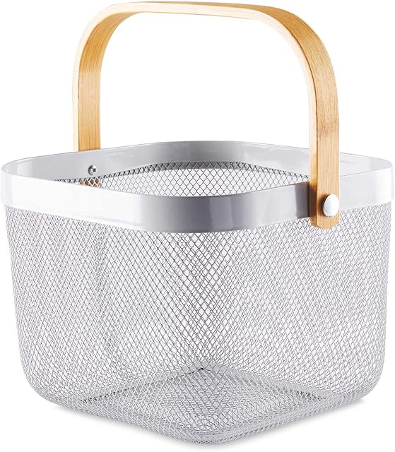 GREY LemonCrest Kitchen Home Storage Basket with wood handle metal wire fruits picnic organiser - Mesh Steel Basket