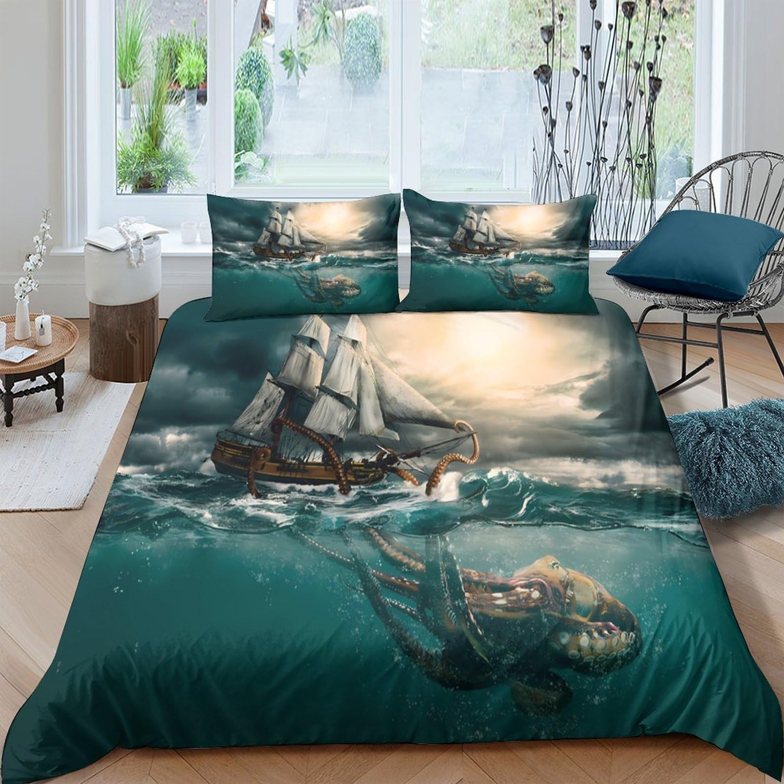 Ctjqhvkz Style-6 3D Printed Pirate Ship Fitted Sheet Microfiber Ocean Monster Bed Cover For Bedroom Dorm Decorative Mattress Protection Single（135X200cm）