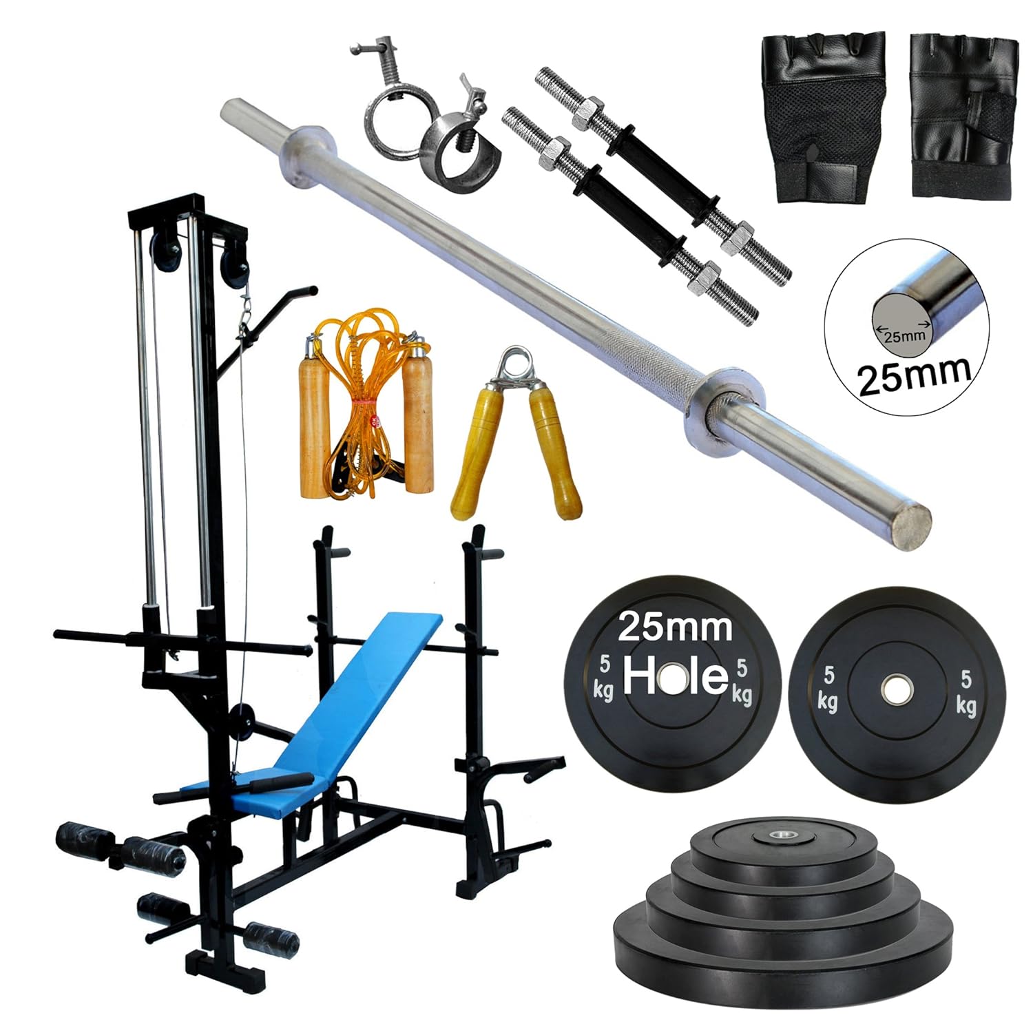 GOLD FITNESS 20 IN 1 BENCH+ 14KG HOME GYM SET+ 25MM5 FT PLAIN ROD +1
