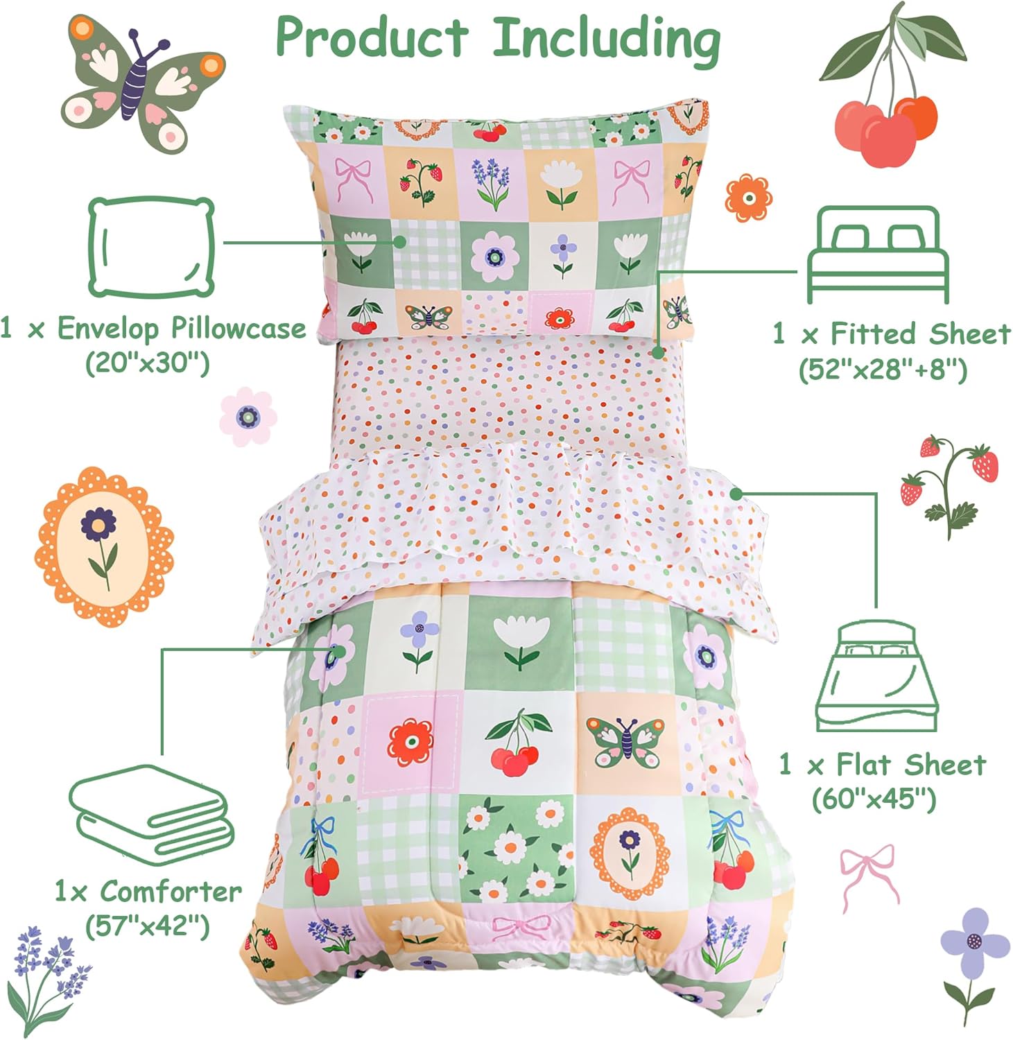 Mooreeke 4 Pieces Toddler Bedding Set - Green Floral Butterfly Toddler Comforter Sets for Girls, Includes Comforter, Flat Sheet, Fitted Sheet and Pillowcase, Bed in A Bag for Baby Bedroom
