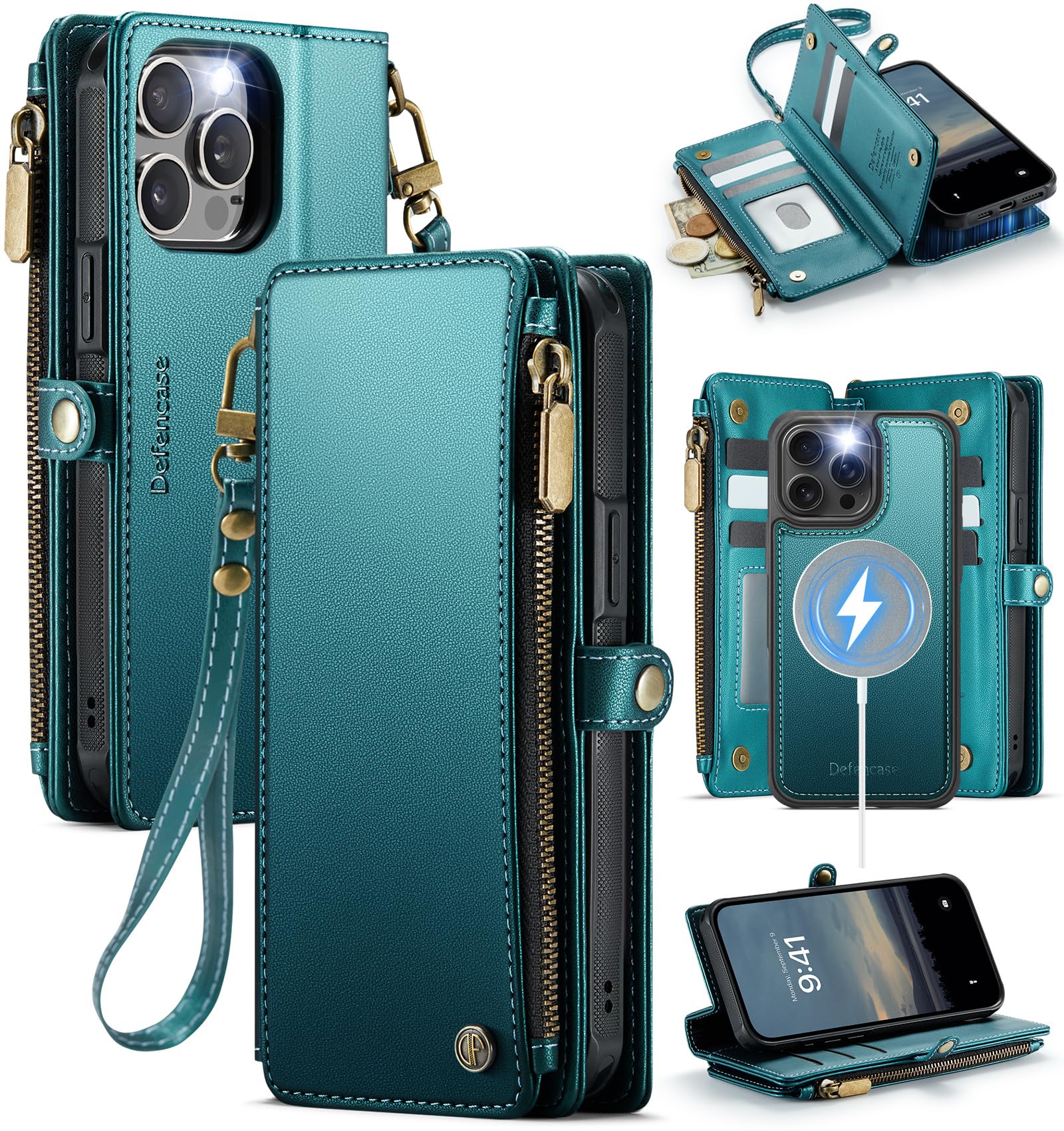 Defencase for iPhone 14 Pro Max Magnetic Wallet Case Compatible with Magsafe with RFID Blocking Zipper Strap Card Holder for Women, PU Leather Detachable Case for iPhone 14 Pro Max (6.7"), Blue Green