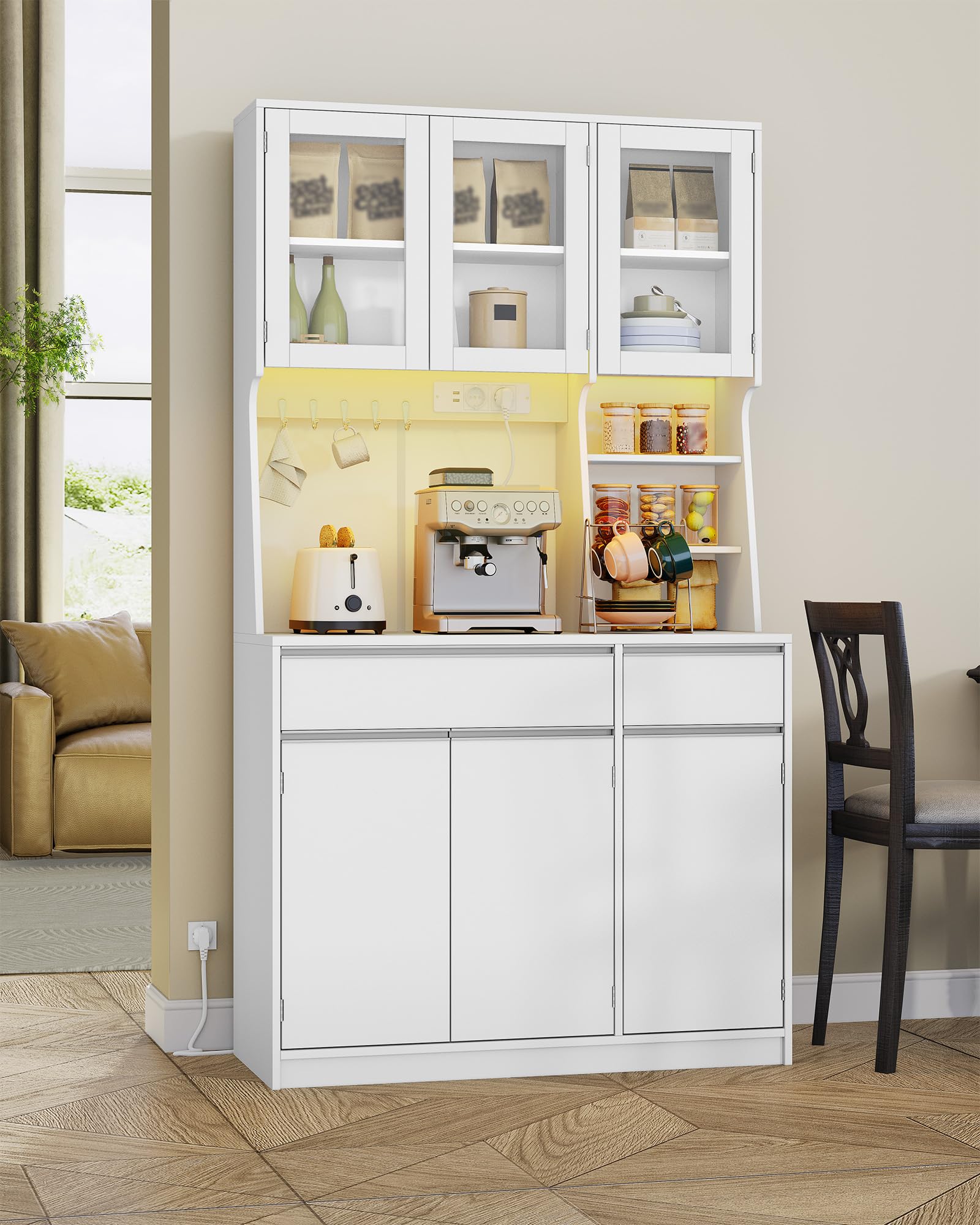Hzuaneri Alacena de Cocina, Aparador Comedor, Armario Cocina Almacenaje con regleta y Tira de Luces LED, encimera y 2 cajones, estantes Regulables,área culinaria, salón, 40x100x180cm, Blanco