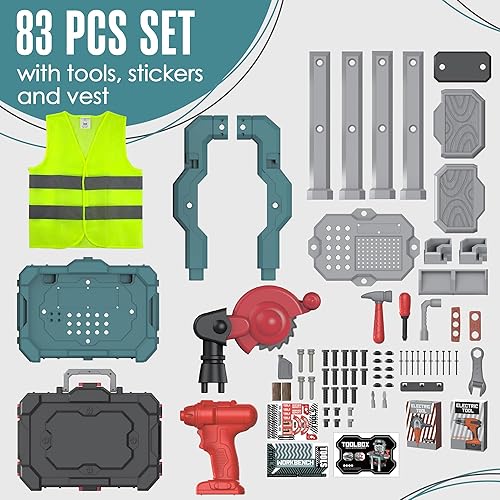 Miniatura 3 de Juego de herramientas para niños pequeños, banco de herramientas de simulación para niños, kit de bricolaje de 83p con un taladro eléctrico