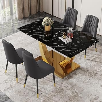 Black and Gold Dining Table Set for 4, Faux Marble Dining Room Table Set for 4,63 Rectangular Tempered Glass Top Kitchen Table Set and 4 Chairs for Dining Room Kitchen