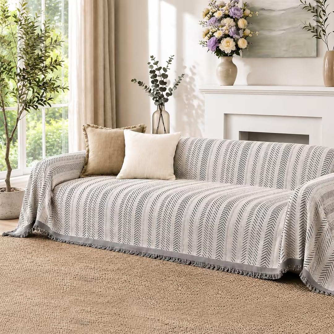 Homcomodar Copridivano a 3 posti, in ciniglia a spina di pesce, con nappe, a forma di L, impermeabile, lavabile, protezione dai graffi, per cani, gatti e bambini, nero, 180 x 340 cm