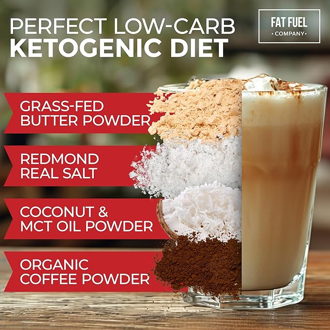 FAT FUEL Keto Coffee 22g Premium Fats - With Grass Fed Butter, MCT Oil, Coconut & Redmond Real Salt - Instant Organic Coffee, One Net Carb, A True Meal Replacement - 30 Bulk Powder Servings