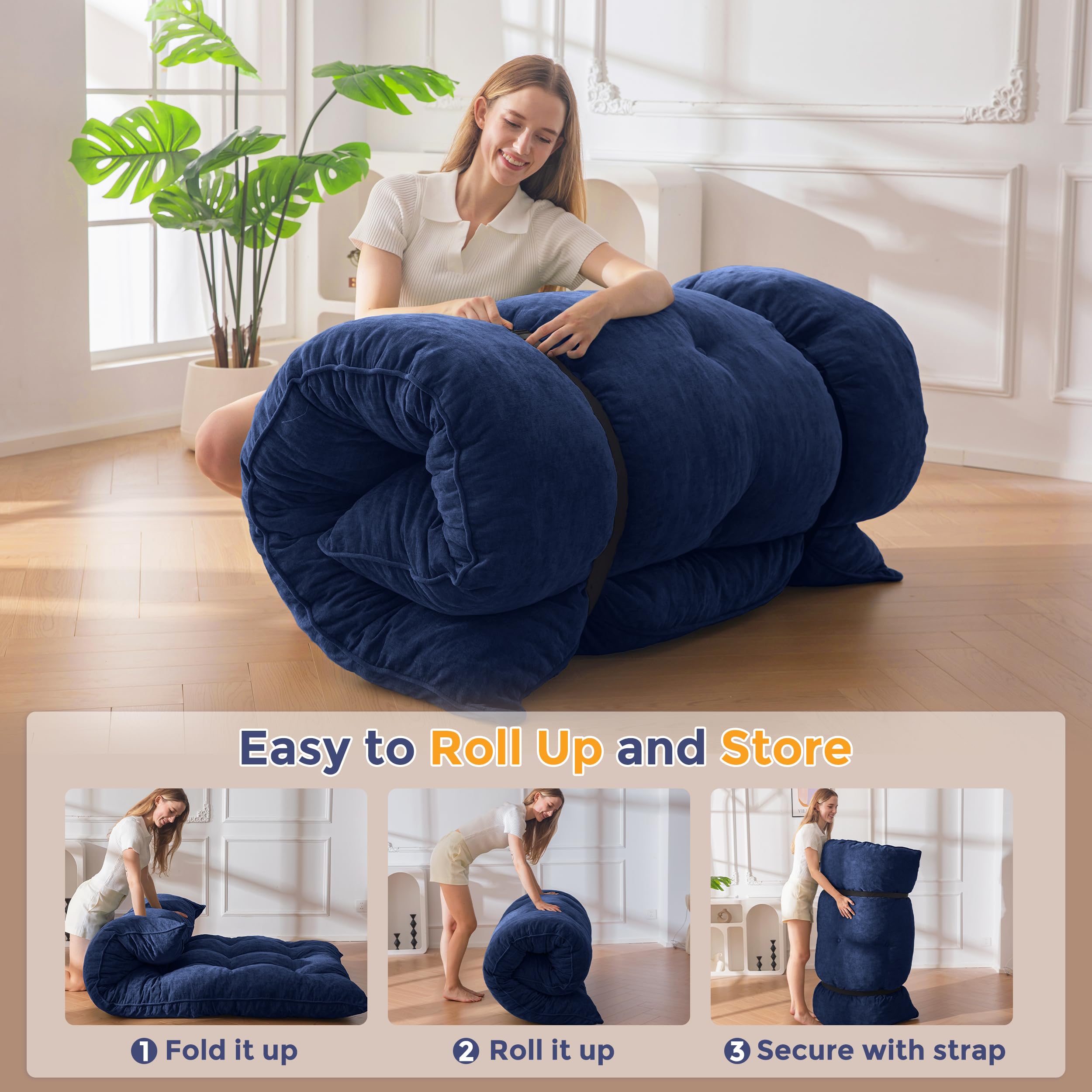 MAXYOYO Matelas Futon 2 Places Épais 15CM Garnissage en Mousse Déchiquetée, Tissu Chenille avec Boutonné Design, Enroulable Matelas de Sol/Futon Pliable Pratique (Cadre Non Inclus)