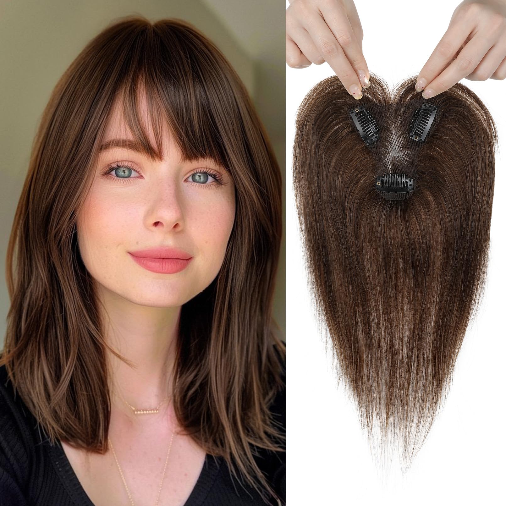 10-Inch Human Hair Topper with Bangs, Seamless Clip-In Extension 10 Inch Bang‑Style Human Hair Topper | Slightly Layered, 3  main image 3