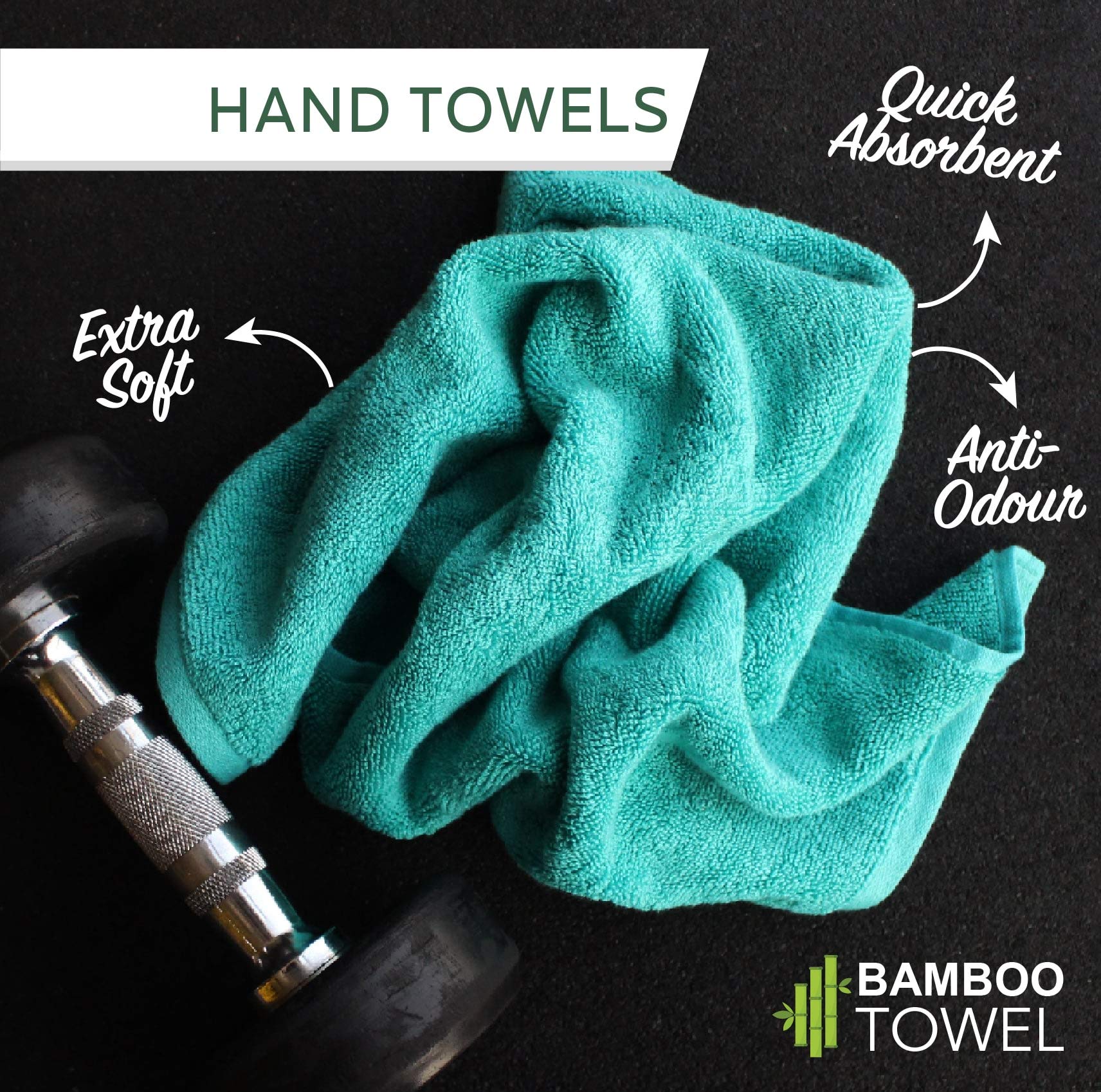 HEELIUM Bamboo Hand Towel | Ultra Absorbent & Anti-Bacterial | 3X Softer Than Cotton Towels | 65 X 40 cm - 600 GSM | Pack of 2 - Teal, White