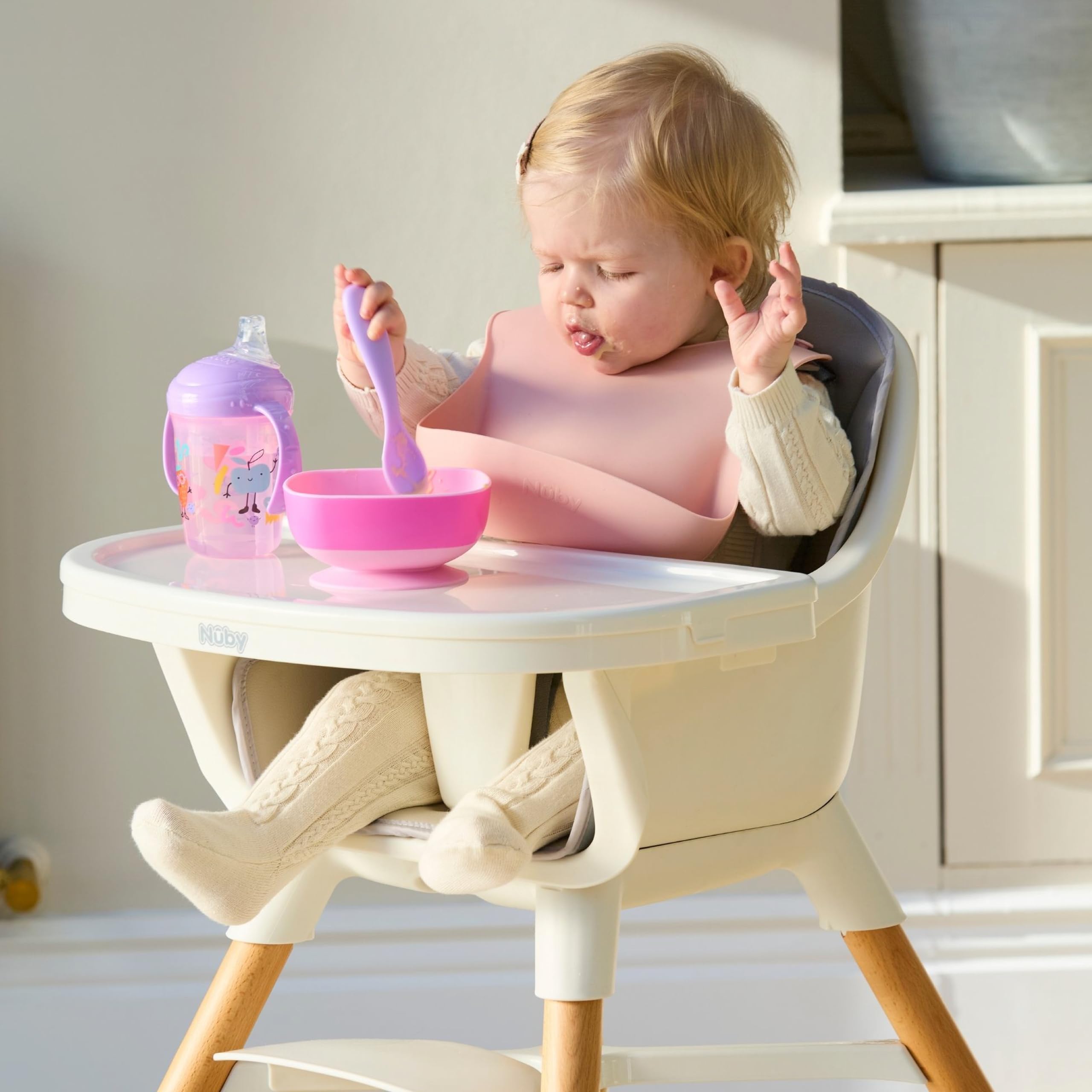 Nuby Lot de 3 Bavoirs Bébé en Silicone Fille – Imperméables & Faciles à Nettoyer – Souples et Réglables – Poche Récupératrice de Nourriture – Bavoirs Repas Bébé et Tout-Petit