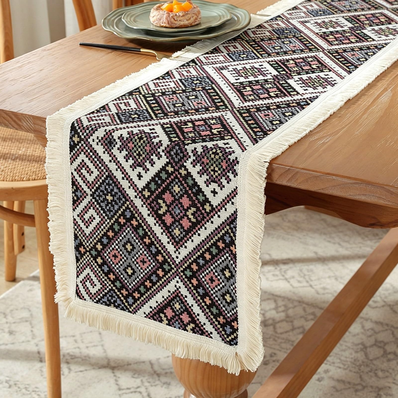 Hand-Woven Tassel Table Runner, Thickened Cotton-Linen Blend Table Runner, Yarn-Dyed Jacquard, Suitable for Weddings, Birthdays,and Seasonal Home Decor(Black,30x180cm/11.8x70.8in)