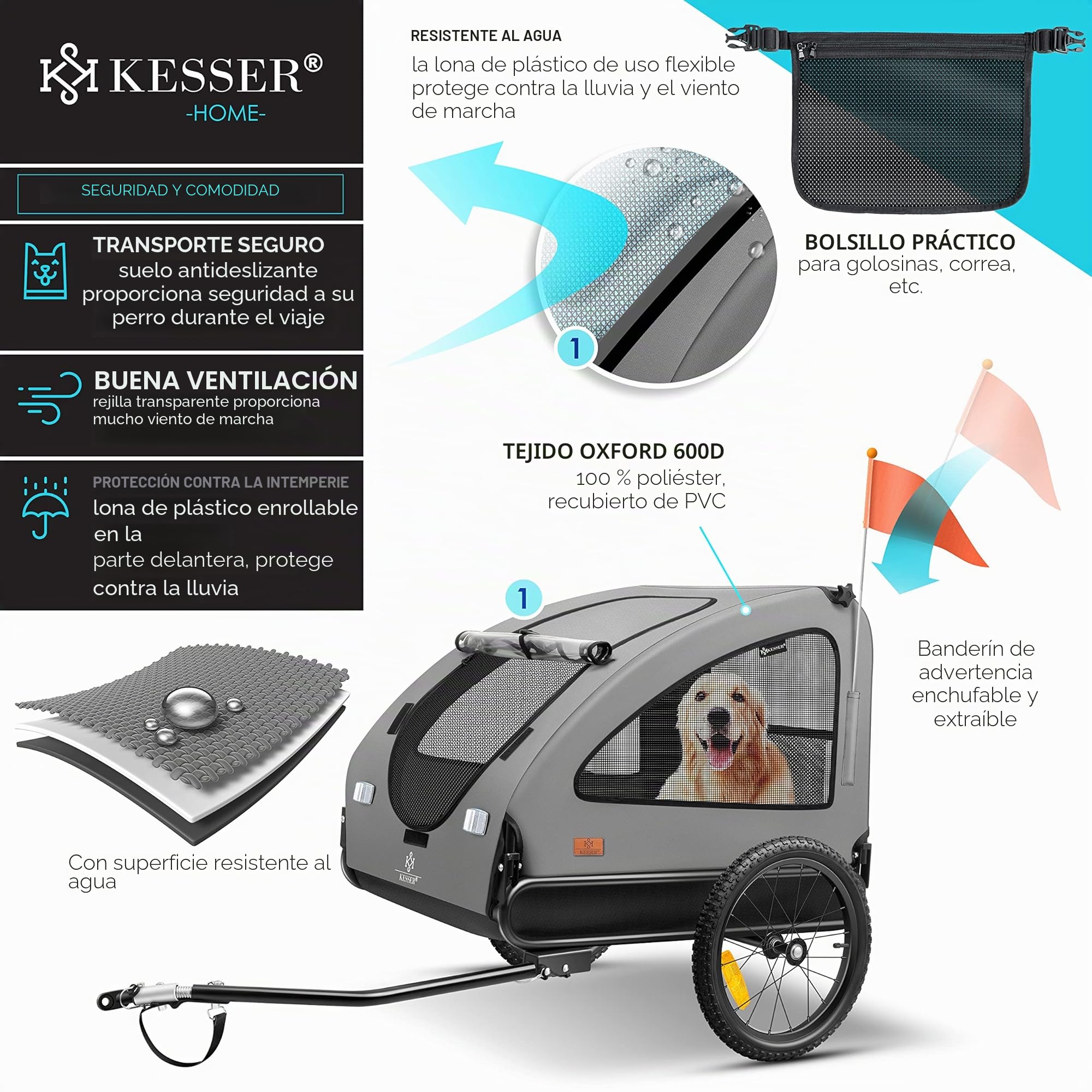 KESSER® Boxer 2 en 1, Remolque para Perros, Silla de Paseo para Perros, Remolque de Bicicleta Grande Aprox. 250 l de Volumen. Incl. Bandera y Bolsa, Lona Oxford 600D, máxima: 45 kg Gris/Negro