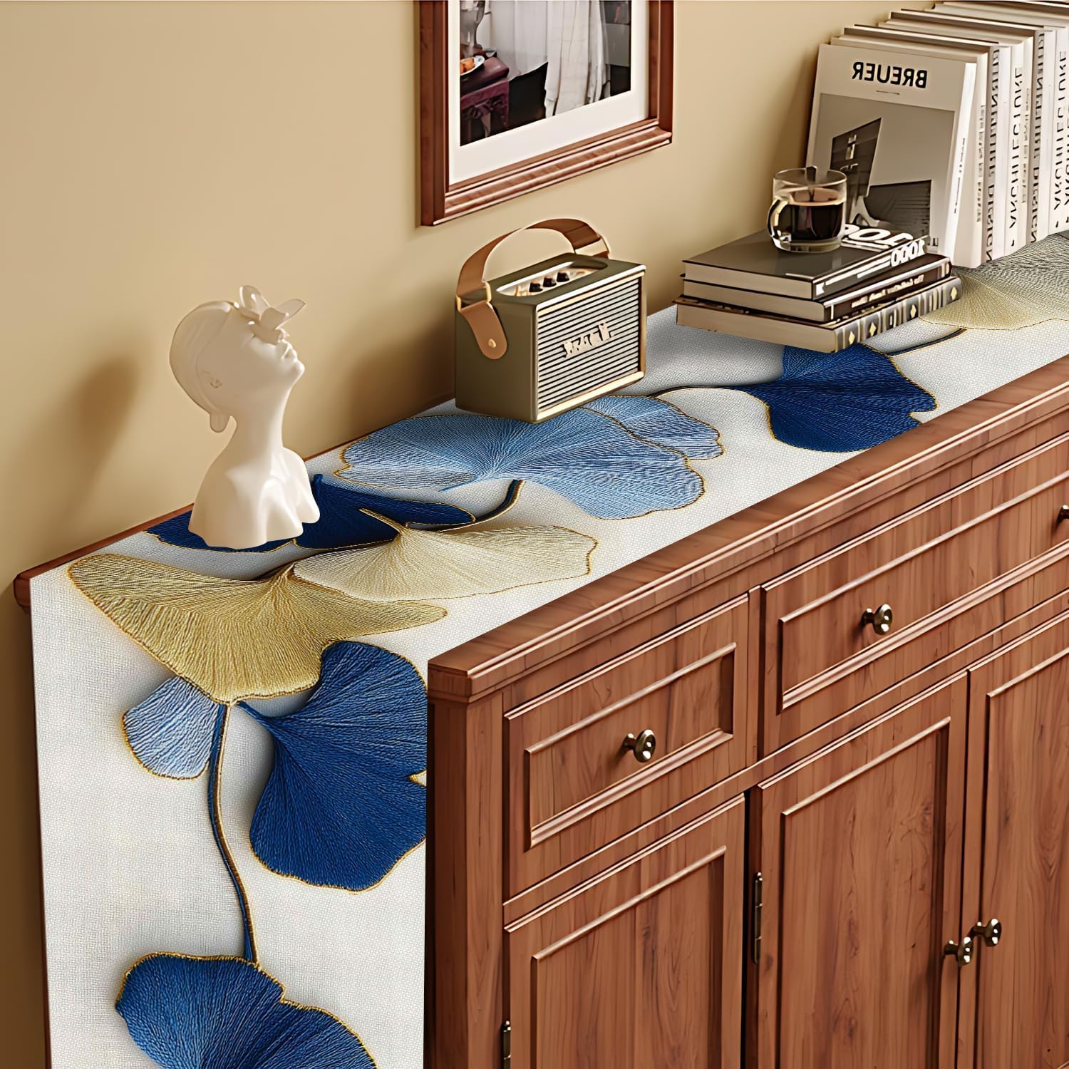 Elegant Ginkgo Leaf Table Runner and Placemats Set – 1 Table Runner + 6 Placemats – Modern Minimalist Style with Gold Accents