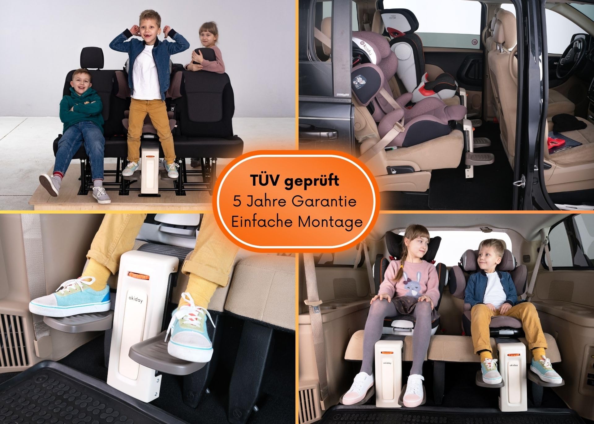Kindersitz Fußstütze für Kinder 4 bis 12 Jahre für korrekte & bequeme Sitzposition| Farbe Orange | Fußstütze Kindersitz Höhenverstellbar - TÜV Zertifiziert