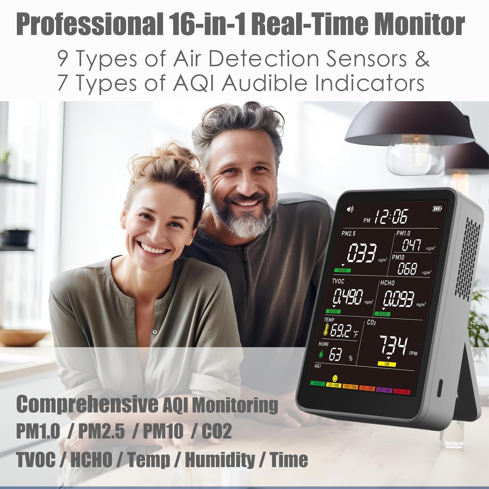 16-in-1 Indoor Air Quality Monitor, High-Precision Multi-Parameter Smart Air Quality Tester with HD Real-Time Color Screen, Portable Air Quality Monitor for Home, Office, Cars, Bedroom (Dark Gray) — Amazon image 2